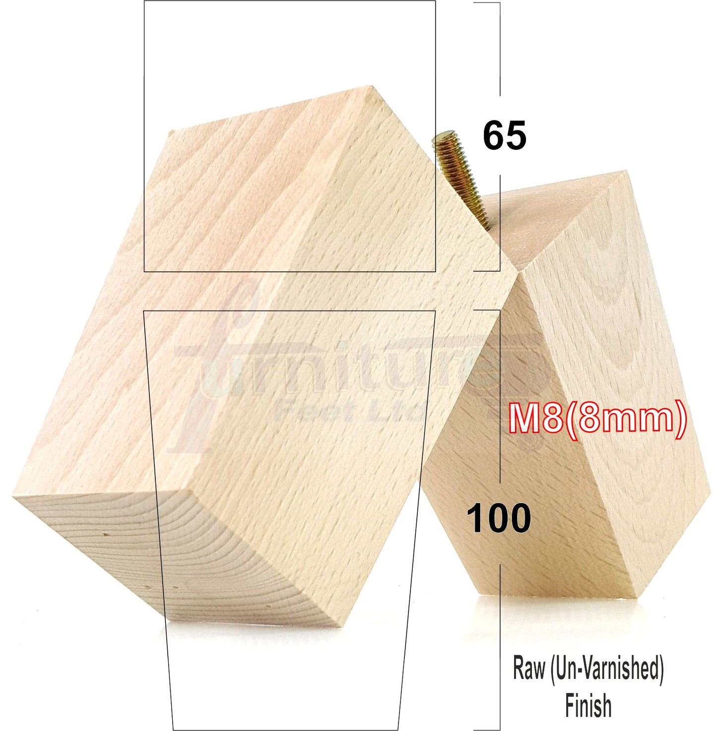 Solid Wood Furniture Feet Square Replacement Block Tapered Legs 100mm High M8 Set of 4 Sofa Chairs Stools Cabinets Beds