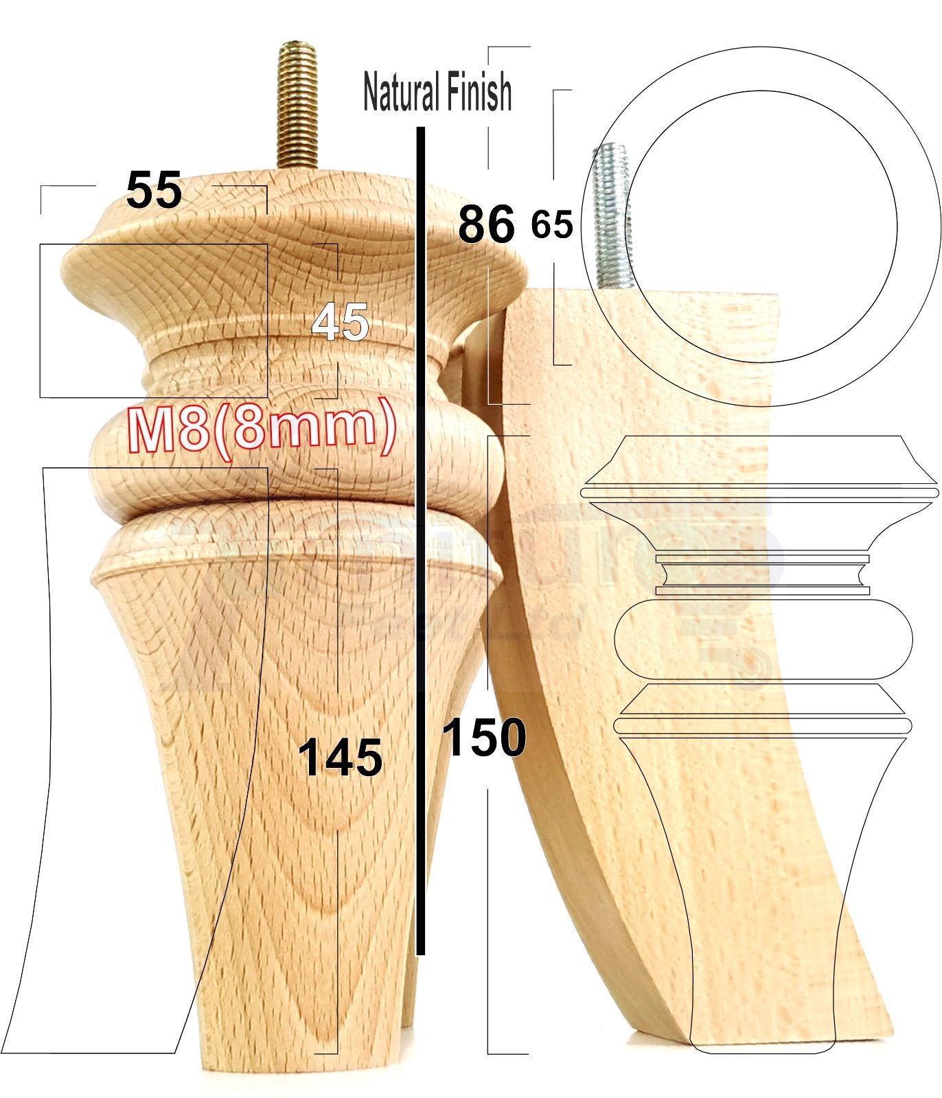 2x Turned & 2x Curved Back Wooden Feet Replacement Furniture Legs 150mm M8(8mm)