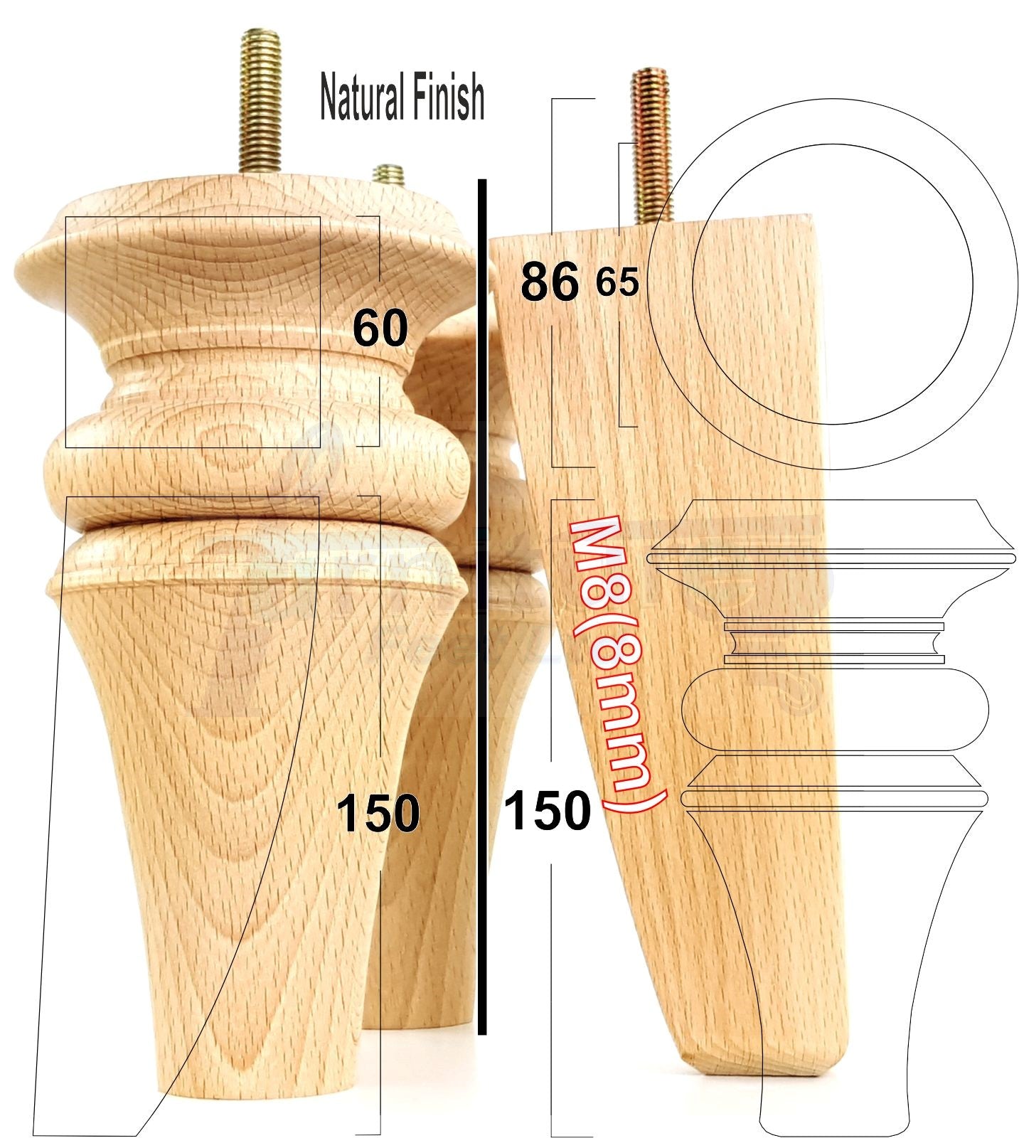 2x Turned & 2x Curved Back Wooden Feet Replacement Furniture Legs 150mm M8(8mm)