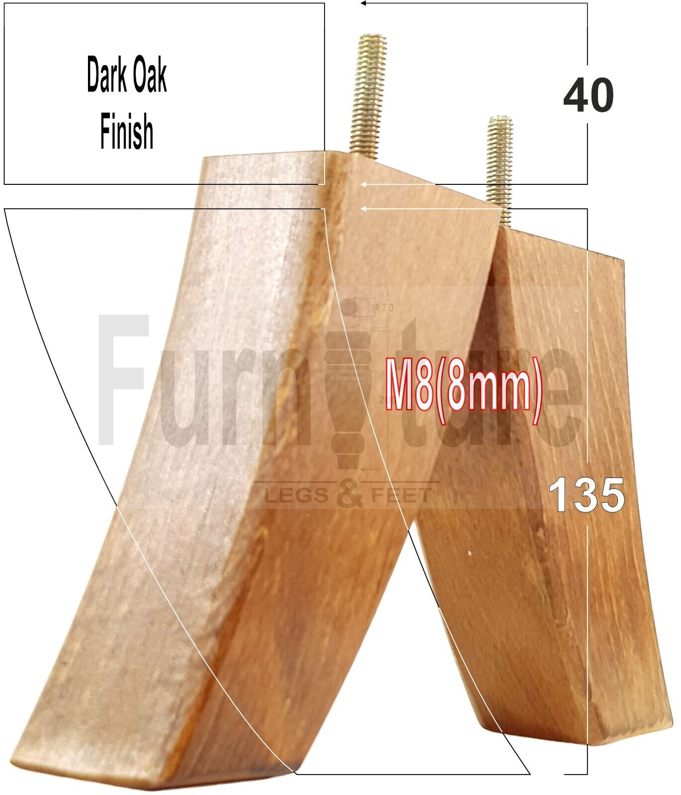 SET OF 4 WOODEN FURNITURE FEET 135mm HIGH REPLACEMENT SOFA LEGS 8mm Thread
