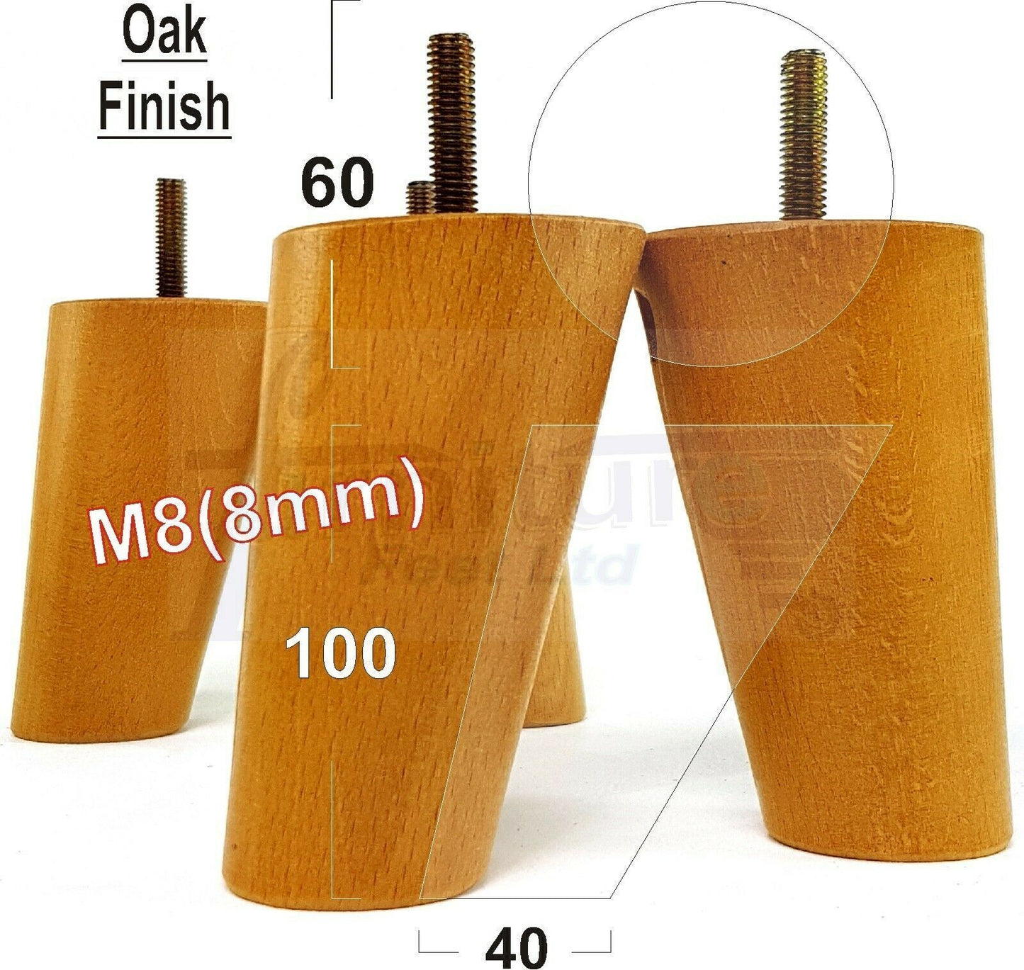 4 Solid Wood Turned Furniture Feet Replacement Mid Centry Angled Retro Legs 100mm High M8 Sofa Chairs Stools Cabinets Beds
