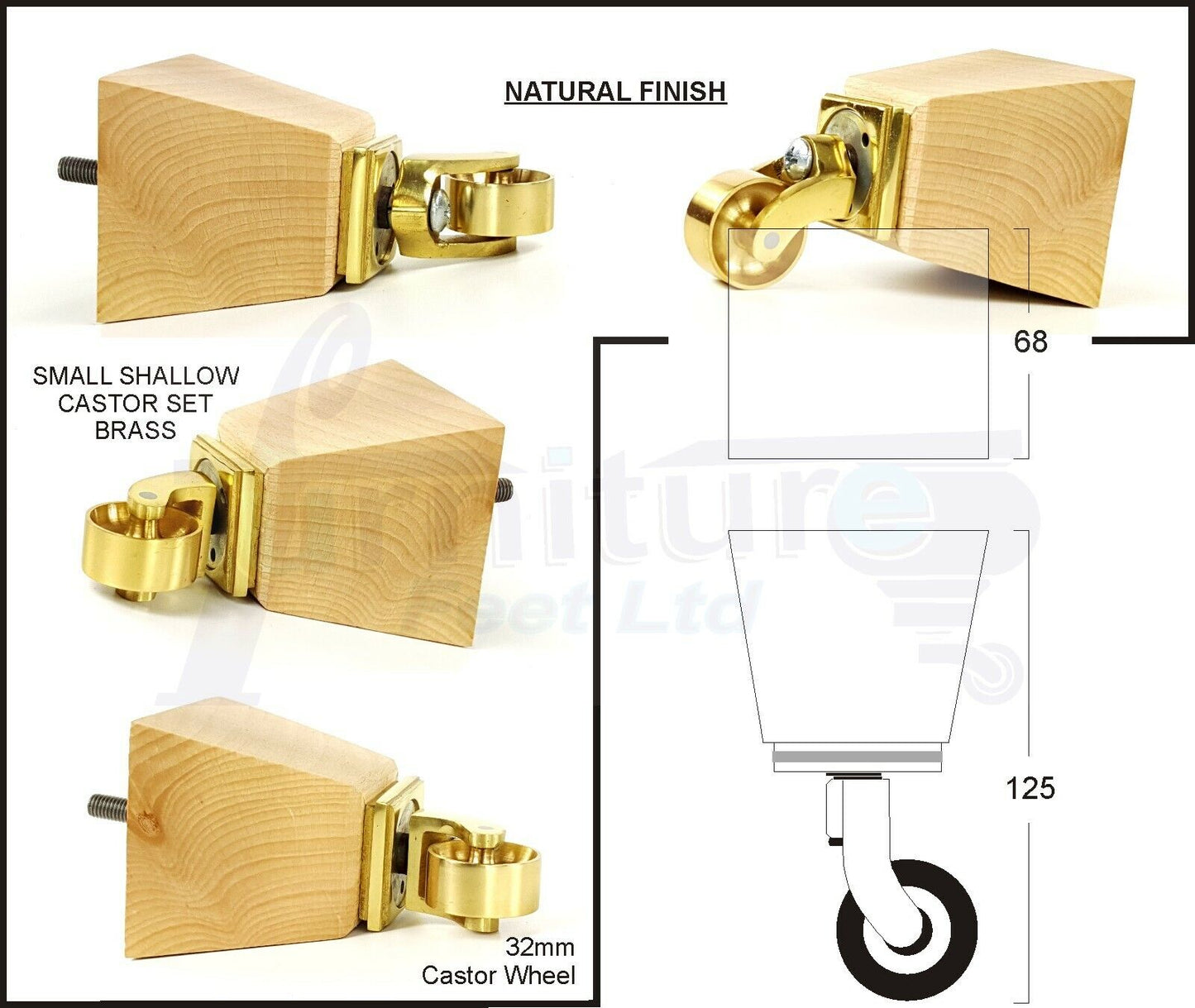 Set Of 4 Wooden Turned Replacement Furniture Legs 125mm High With Brass Castor Wheels 8mm Thread
