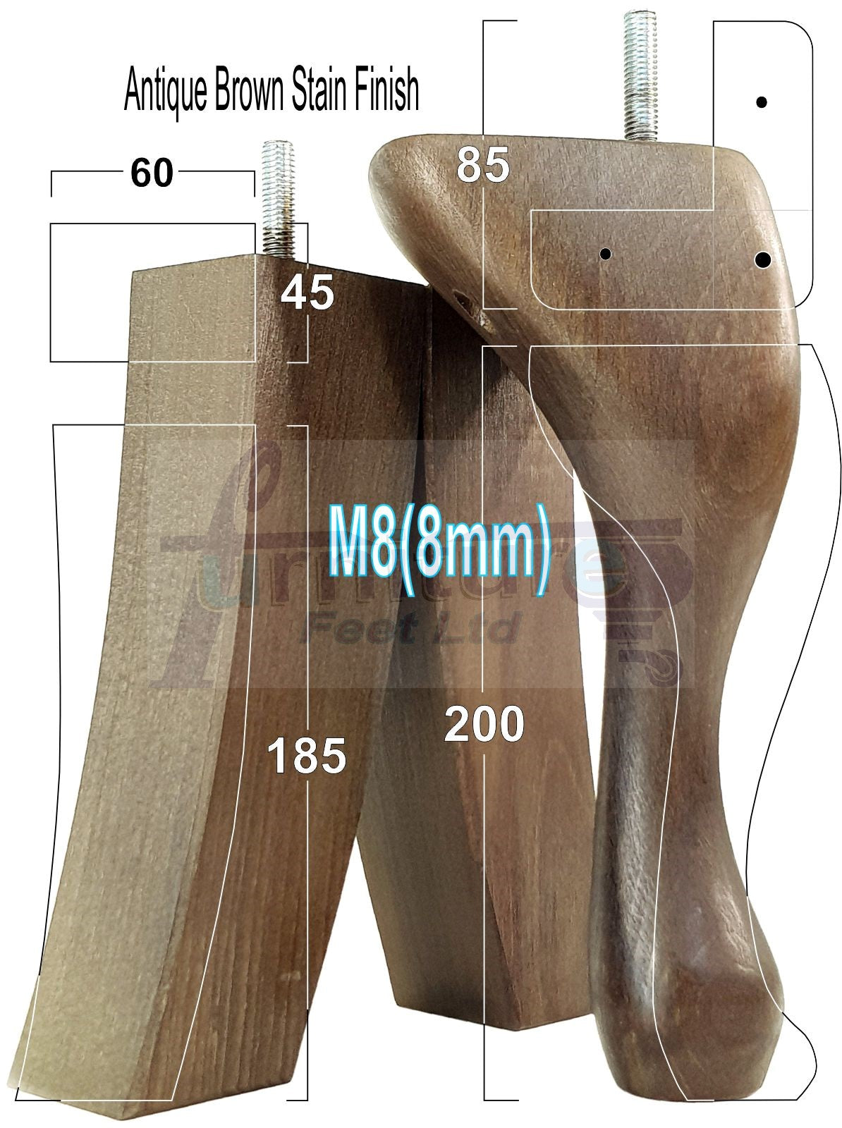 2x Vintage Queen Anne Replacement Furniture Legs & 2x Curved Back Feet 200mm High 8mm Thread