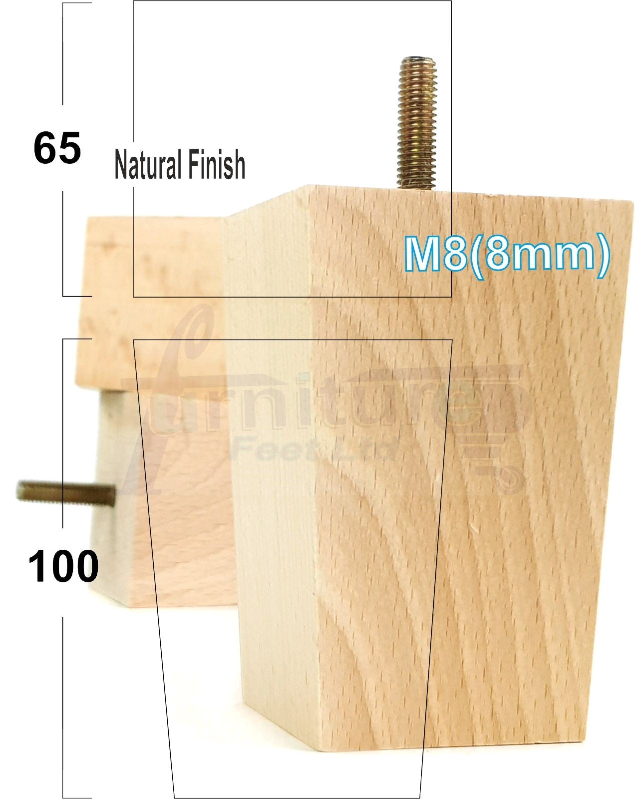 Solid Wood Furniture Feet Square Replacement Block Tapered Legs 100mm High M8 Set of 4 Sofa Chairs Stools Cabinets Beds