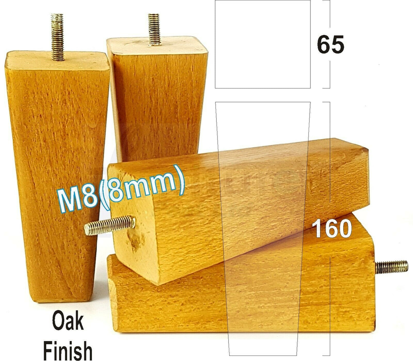 4x Wooden Furniture Legs 160mm High Replacement Square Tapered Feet 8mm