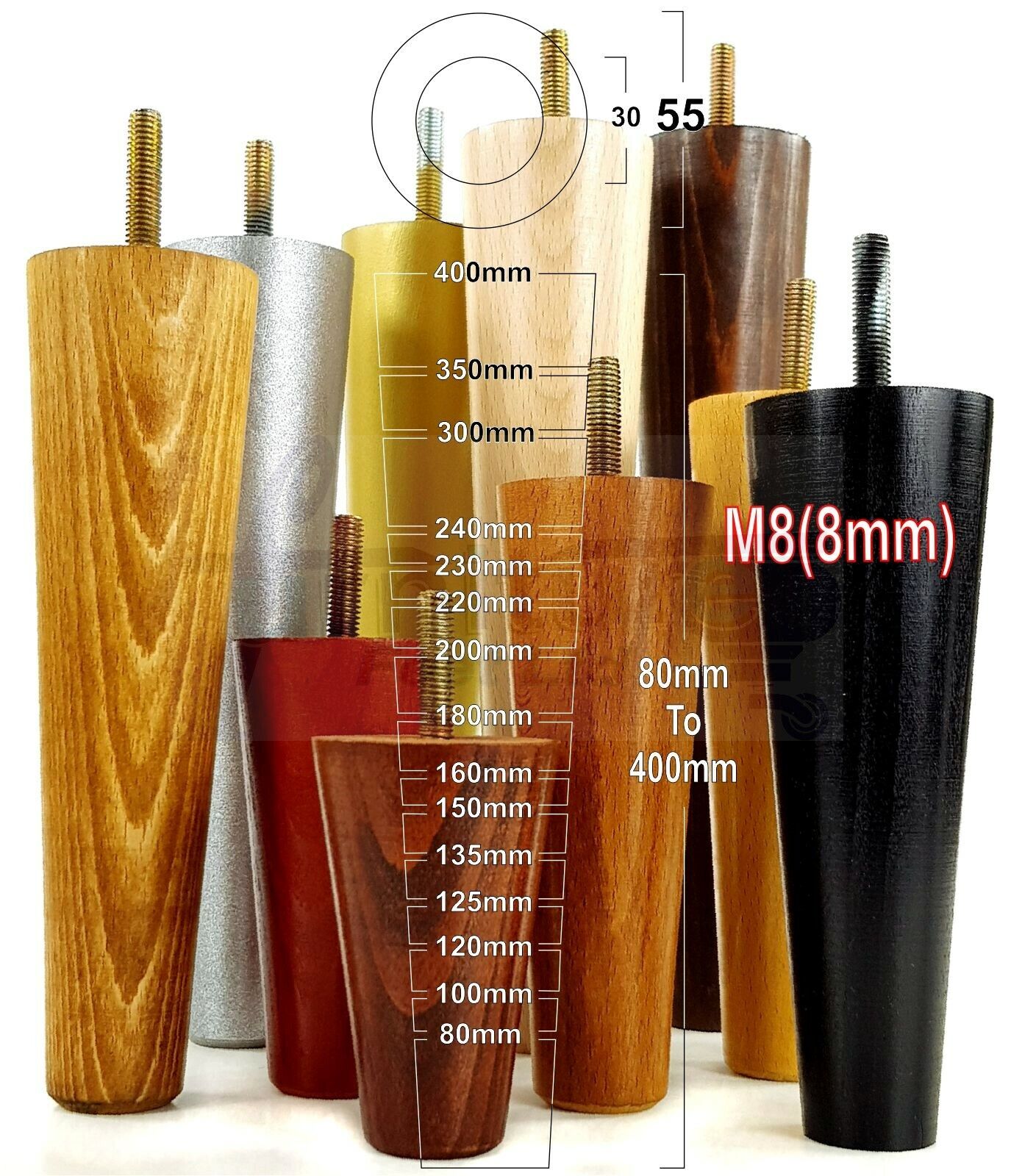 4 Turned Wood Replacement Furniture Chair Legs M8 Settee Sofa Round Feet 100mm High