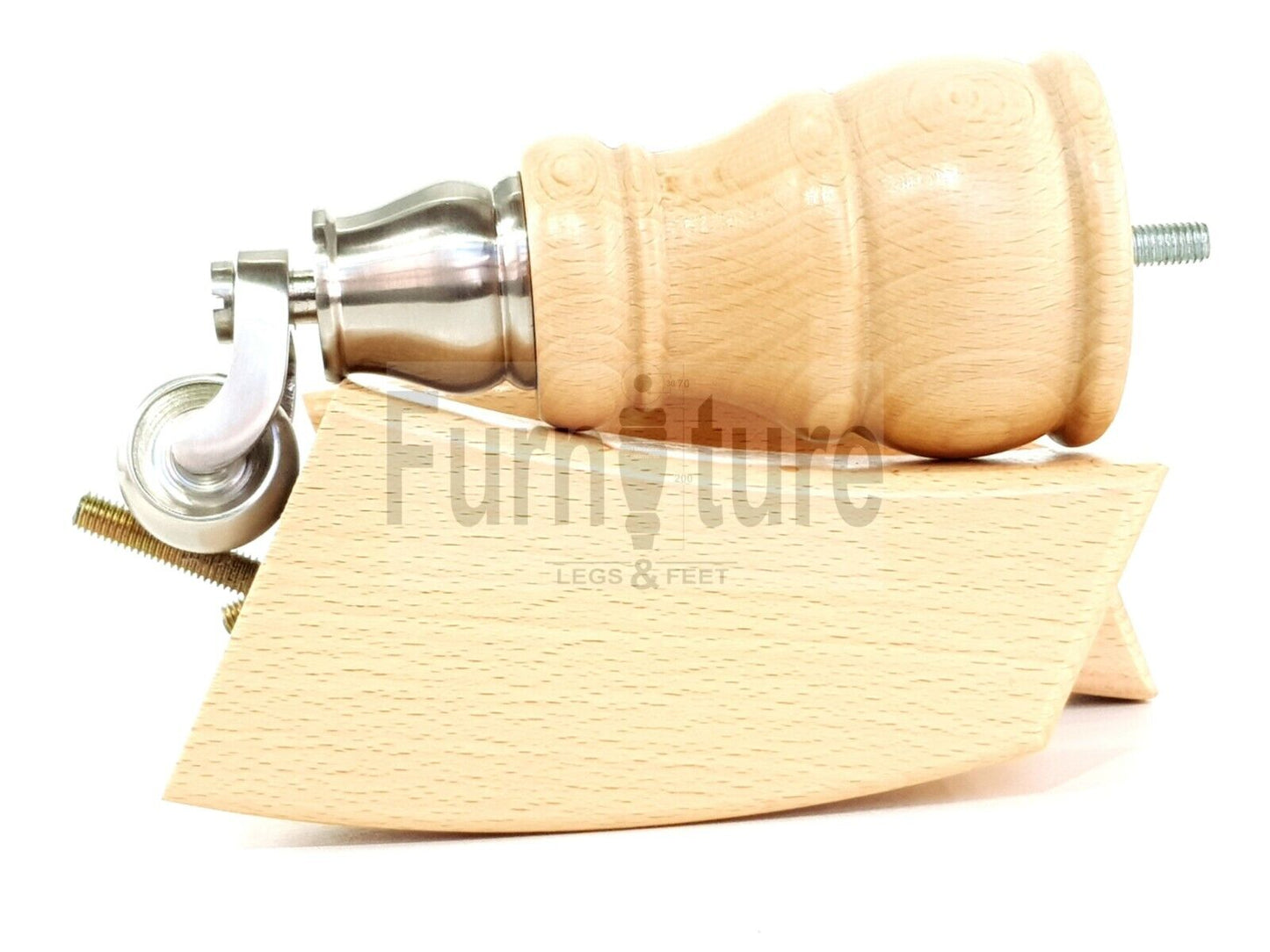 2 Wooden Castor Furniture Sofa Legs & 2 Curved Back Feet Natural M8 Chair Settee Feet 160mm High