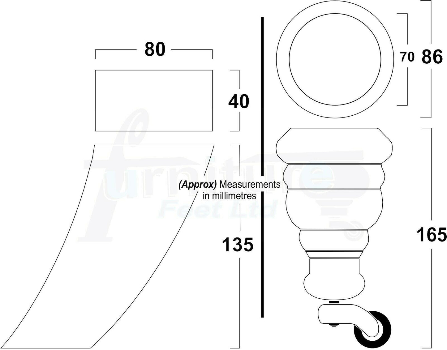 2 Replacement Wood Furniture Legs With Castors & 2 Curved Feet 155mm Chair Sofa Stool M8