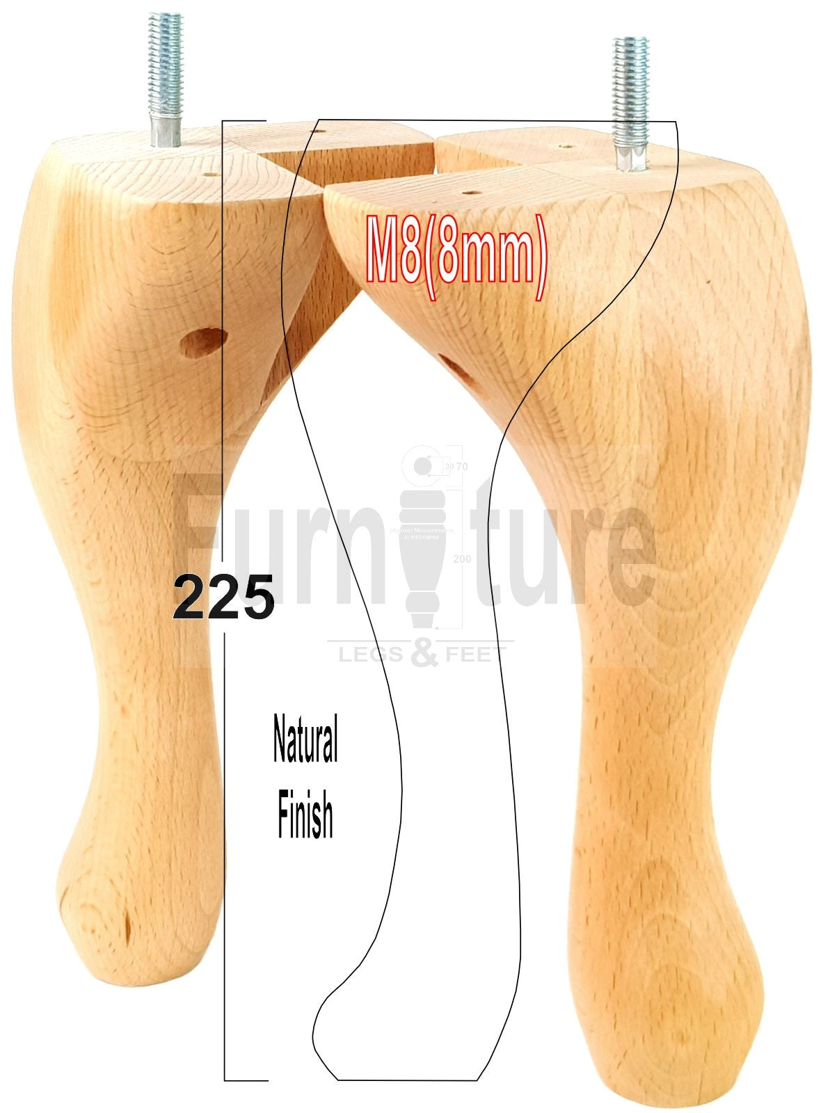 4x Solid Wood Furniture Feet 225mm High Vintage Queen Anne Replacement Legs M8 8 Inches