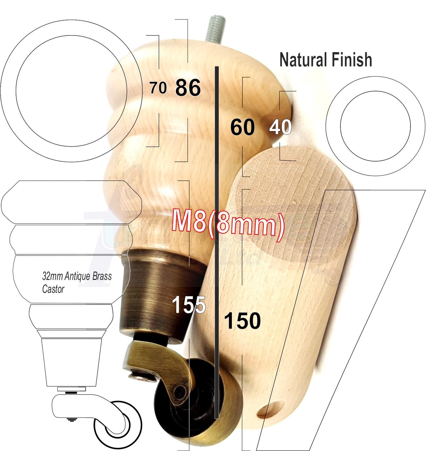 Natural Turned Wood Furniture Feet 2 With Castors 155mm and 2 Angled Back Legs Sofas Chairs Stools Cabinets Beds M8 6 Inches