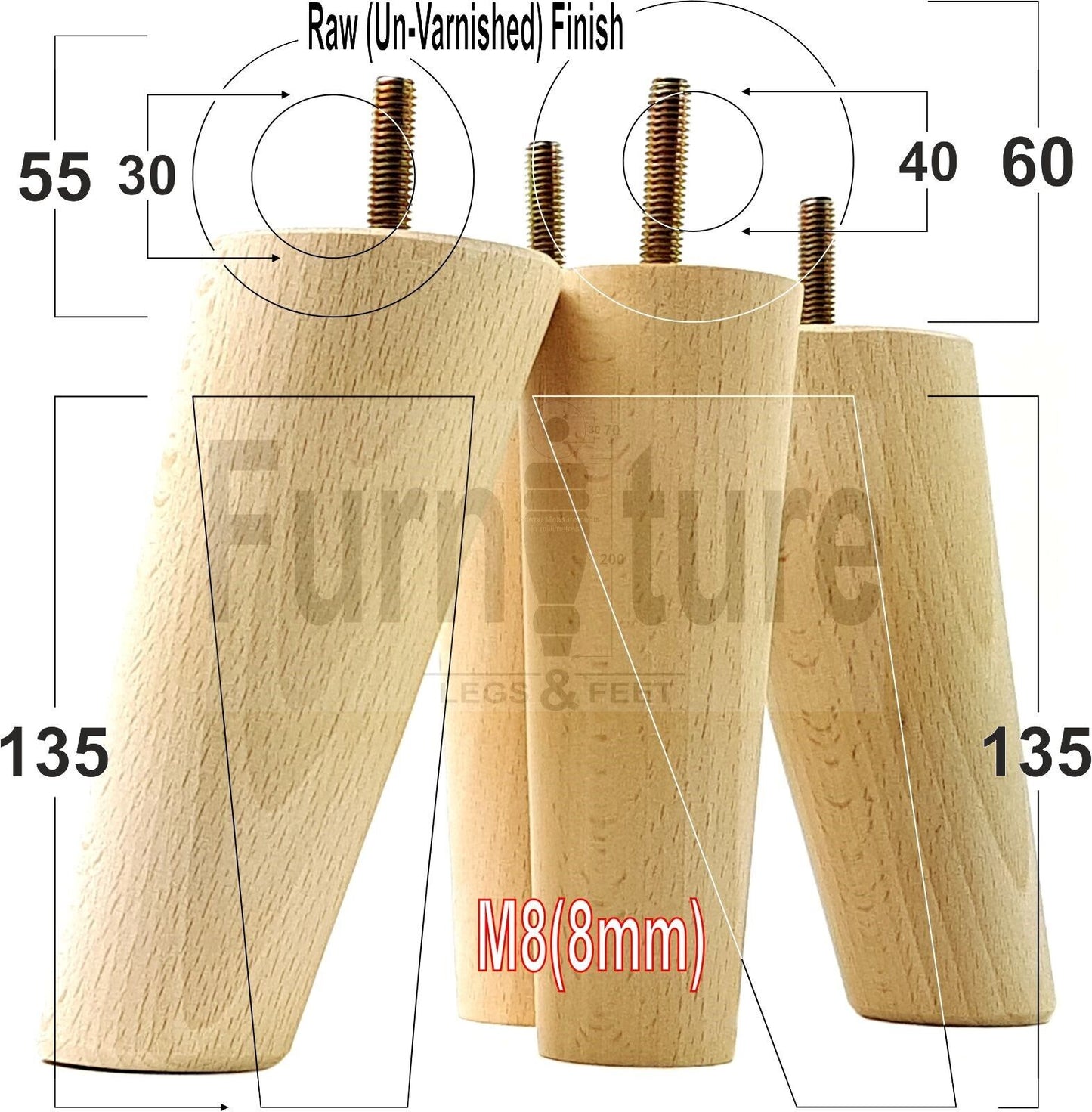 4 Solid Wood Turned Furniture Feet Replacement Mid Centry 2 Angled Retro Legs 135mm High 2 Straight M8 Sofa Chairs Stools Cabinets Beds