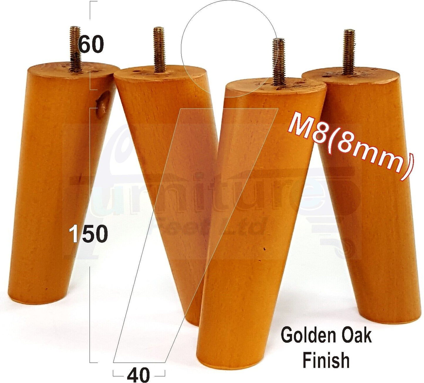 4 Solid Wood Turned Furniture Feet Replacement Mid Centry Angled Retro Legs 150mm High M8 Sofa Chairs Stools Cabinets Beds