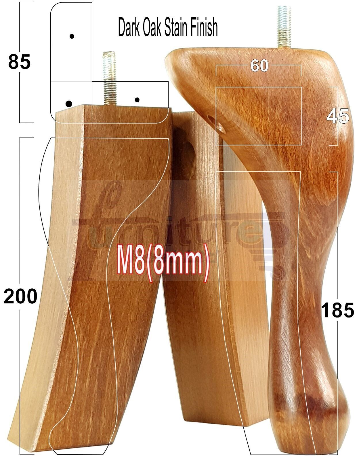 2x Vintage Queen Anne Replacement Furniture Legs & 2x Curved Back Feet 200mm High 8mm Thread
