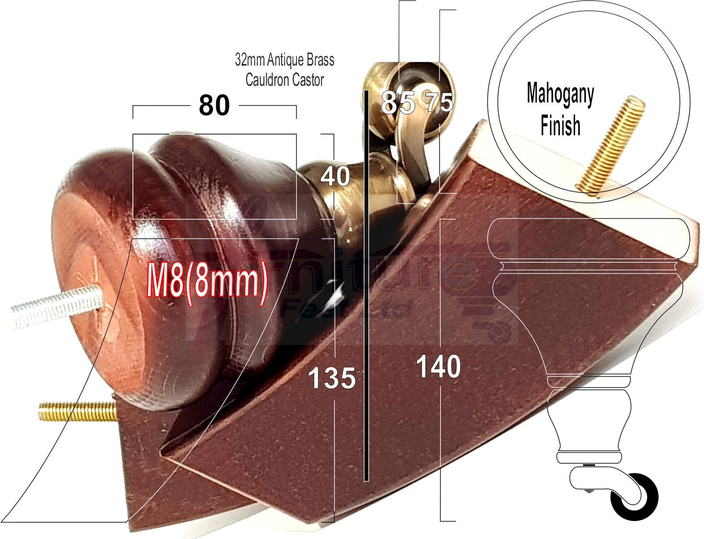 Turned Mahogany Furniture Wood Feet 2 With Castors & 2 Curved Legs140mm Sofas Chairs Settee Cabinets Beds M8