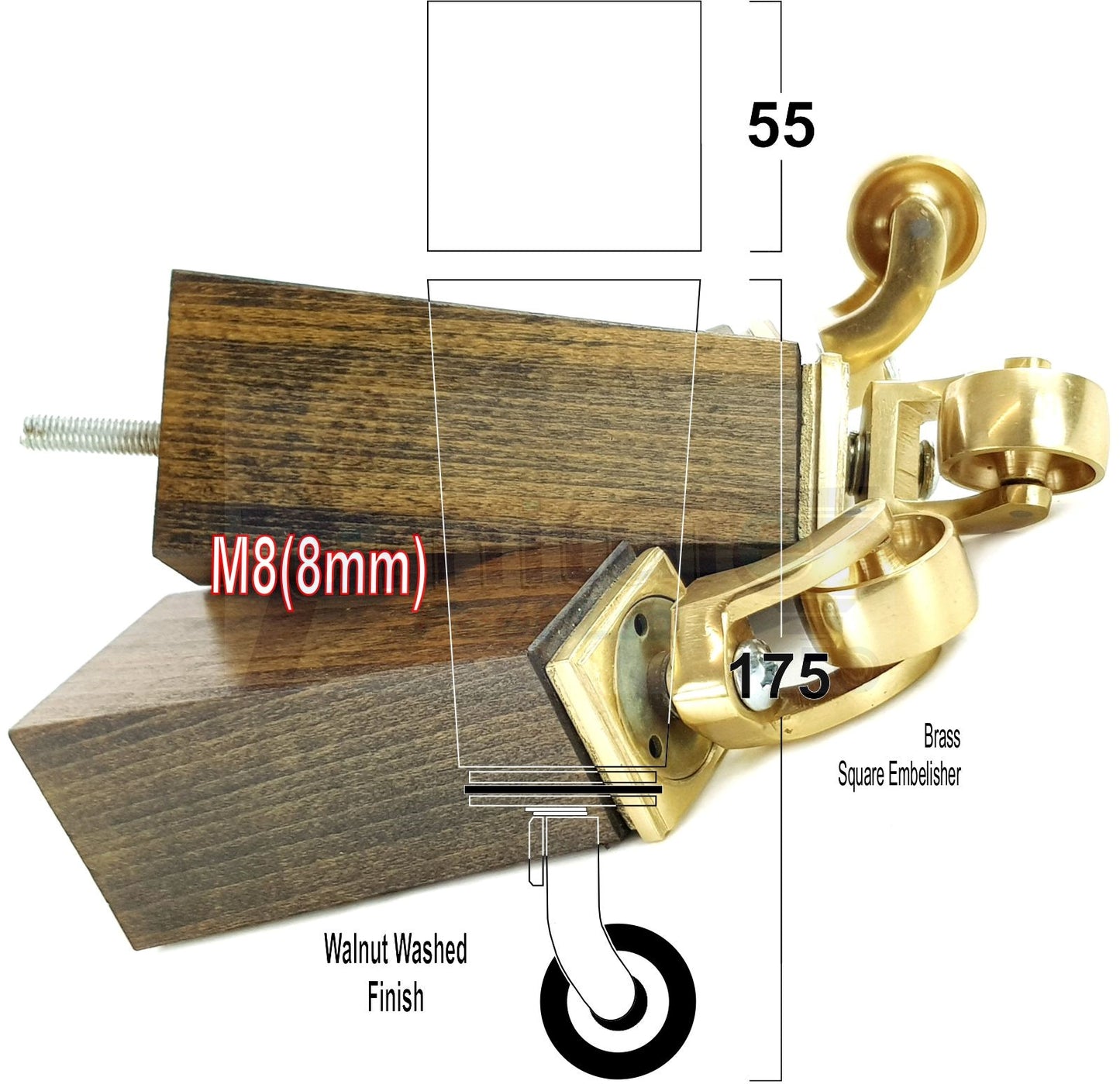 4x Solid Wood Furniture Legs Chair Sofa Bed Replacement Feet 175mm High With Brass Castors 8mm Thread