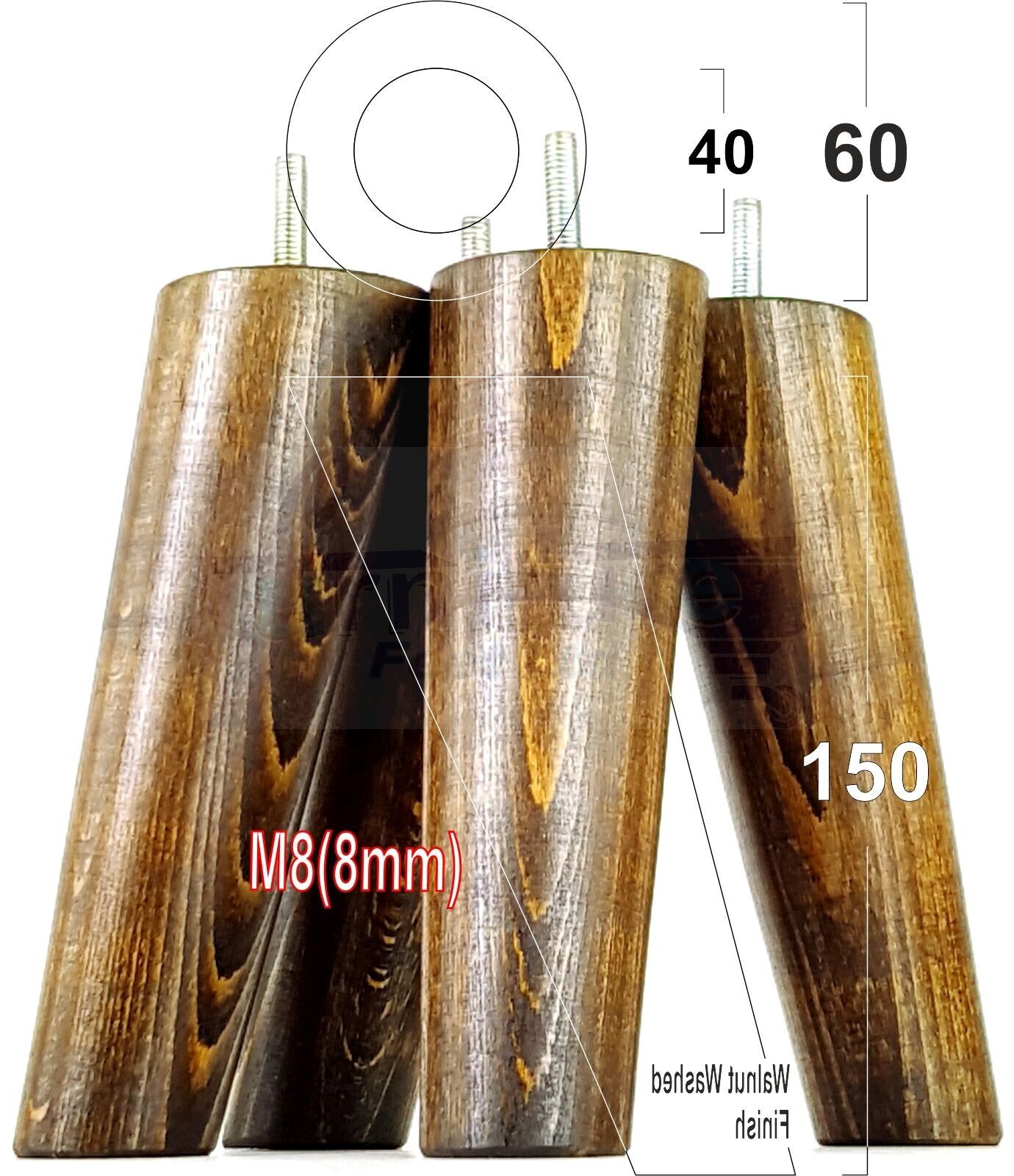 4 Solid Wood Turned Furniture Feet Replacement Mid Centry Angled Retro Legs 150mm High M8 Sofa Chairs Stools Cabinets Beds