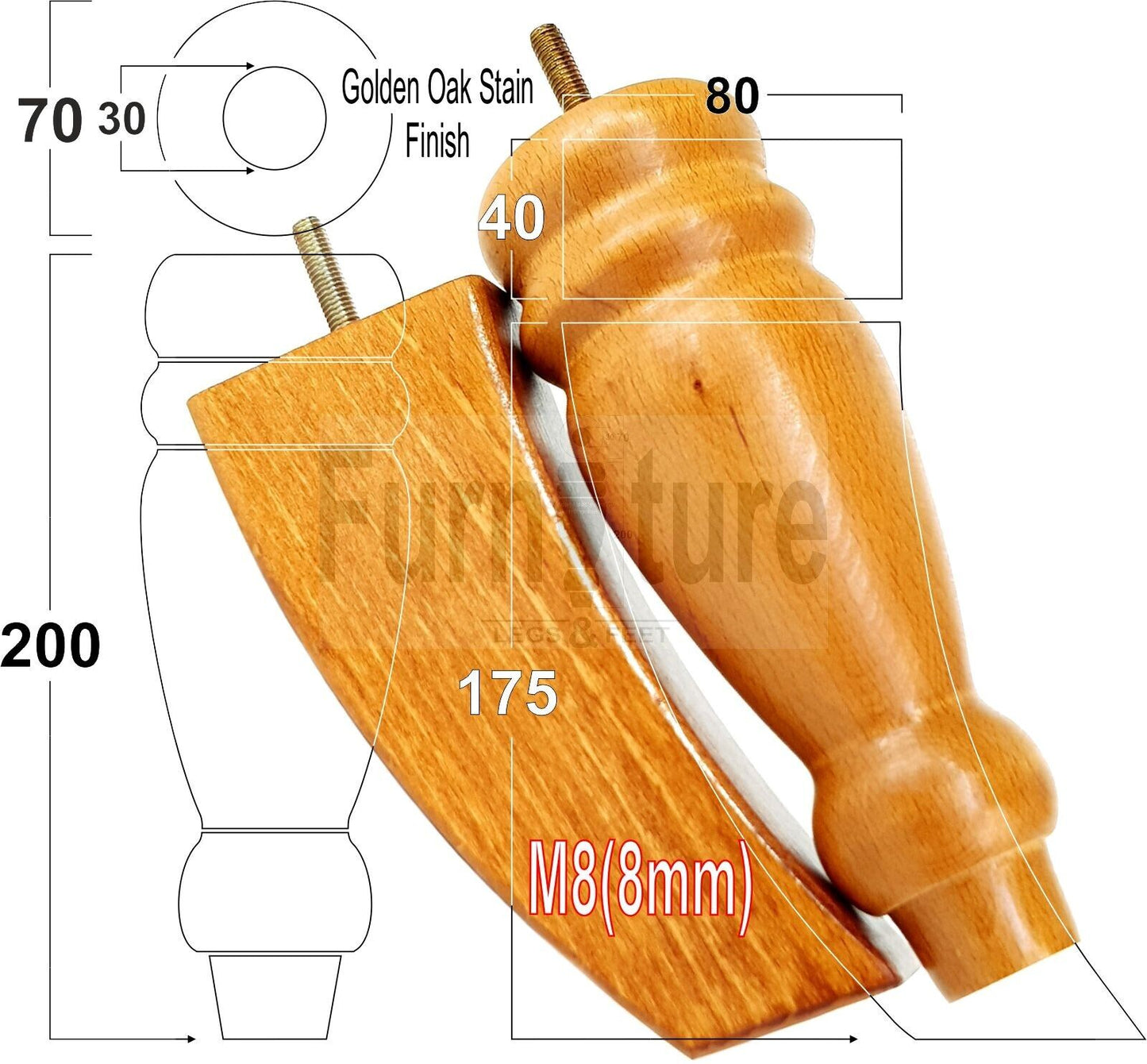 2 Turned Furniture Feet Replacement Sofa Legs 200mm & 2 Curved Back Legs 185mm for Chairs Sofa Settee Cabinets M8