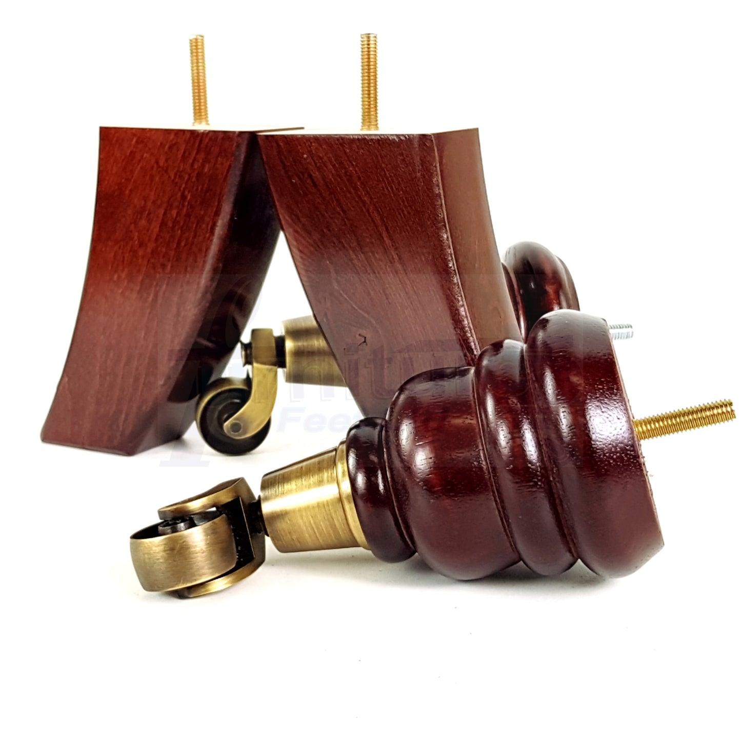 Mahogany Turned Wood Furniture Feet 2 With Antique Brass Castors 155mm and 2 Curved Back Legs Sofas Chairs Stools Cabinets Beds M8 6 Inches