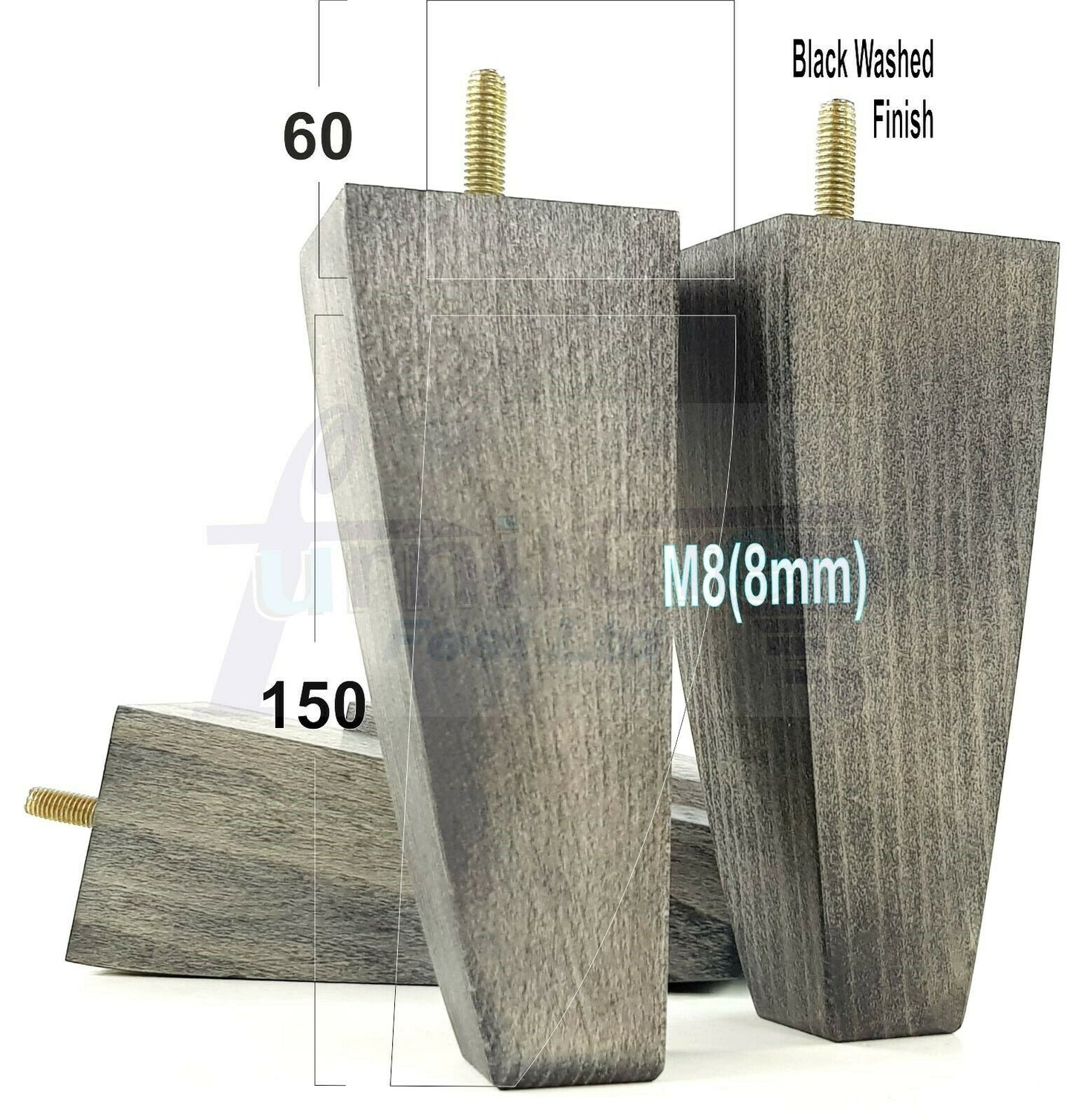4x Tapered Square Furniture Legs Sofa Feet M8 for Chairs, Settees 150mm High