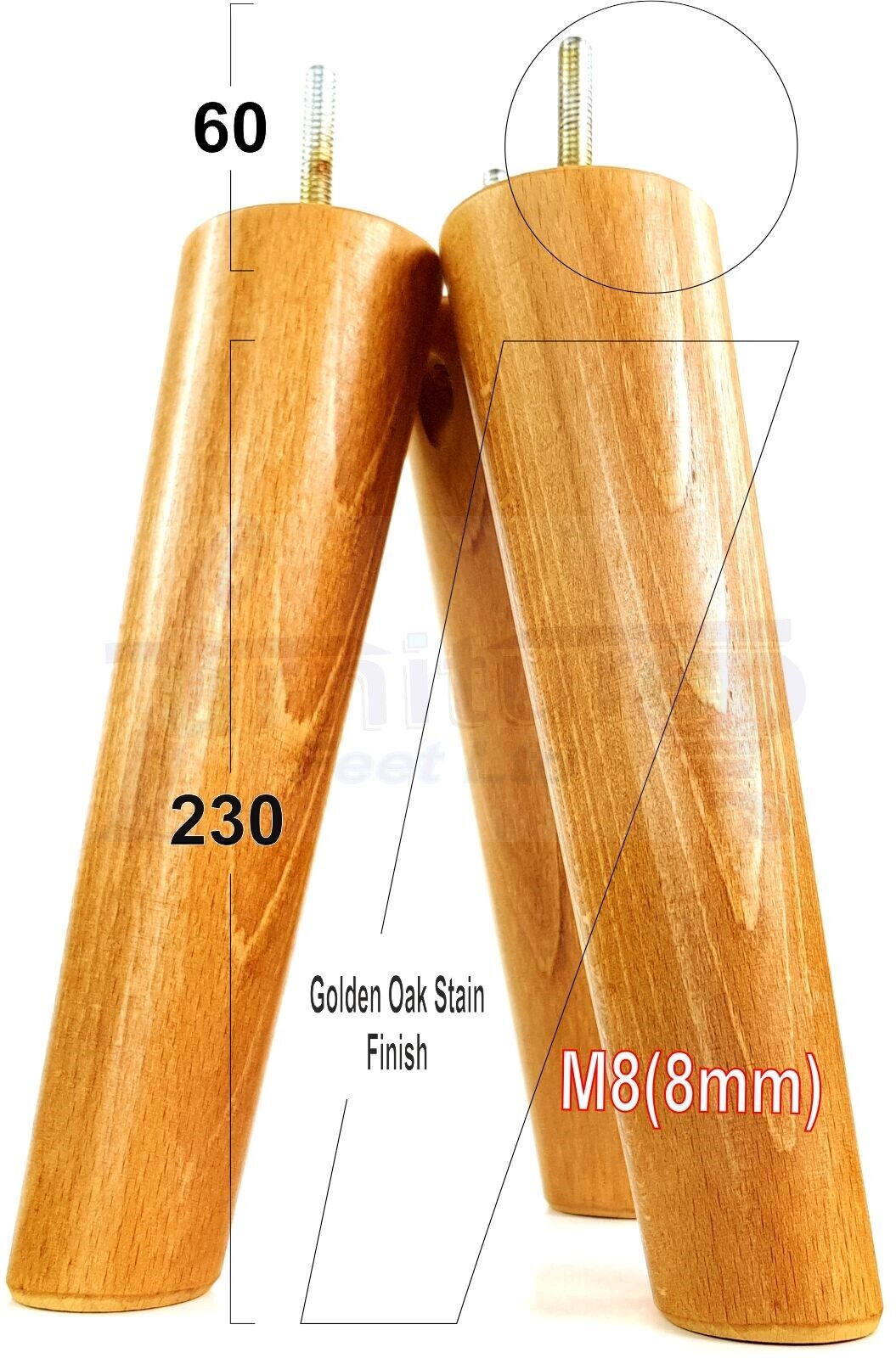 4 Solid Wood Turned Furniture Feet Replacement Mid Centry Angled Retro Legs 230mm High M8 Sofa Chairs Stools Cabinets Beds