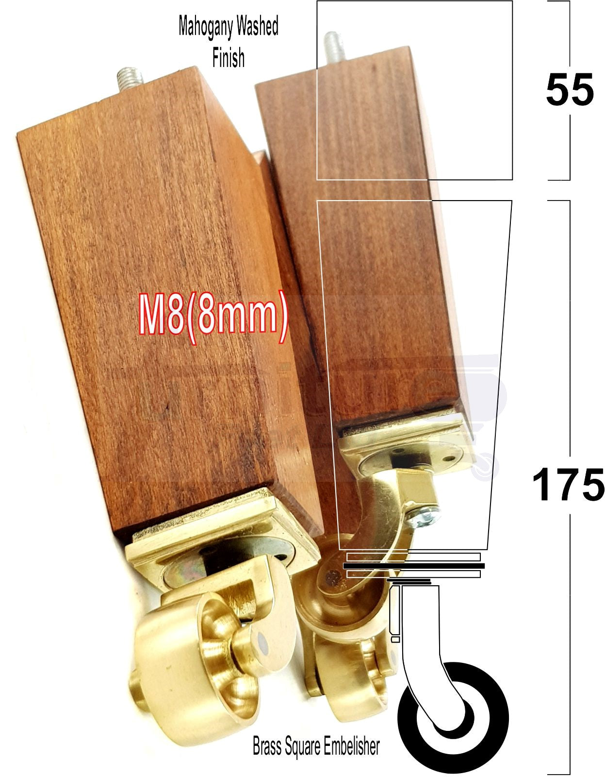 4x Solid Wood Furniture Legs Chair Sofa Bed Replacement Feet 175mm High With Brass Castors 8mm Thread