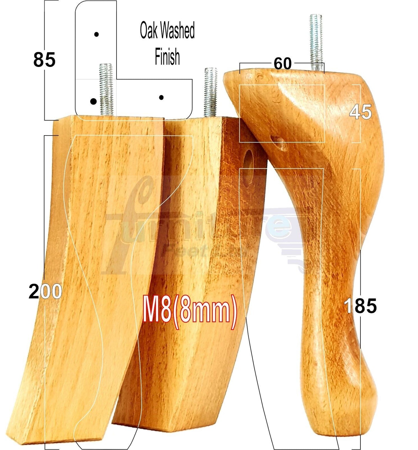 2x Vintage Queen Anne Replacement Furniture Legs & 2x Curved Back Feet 200mm High 8mm Thread