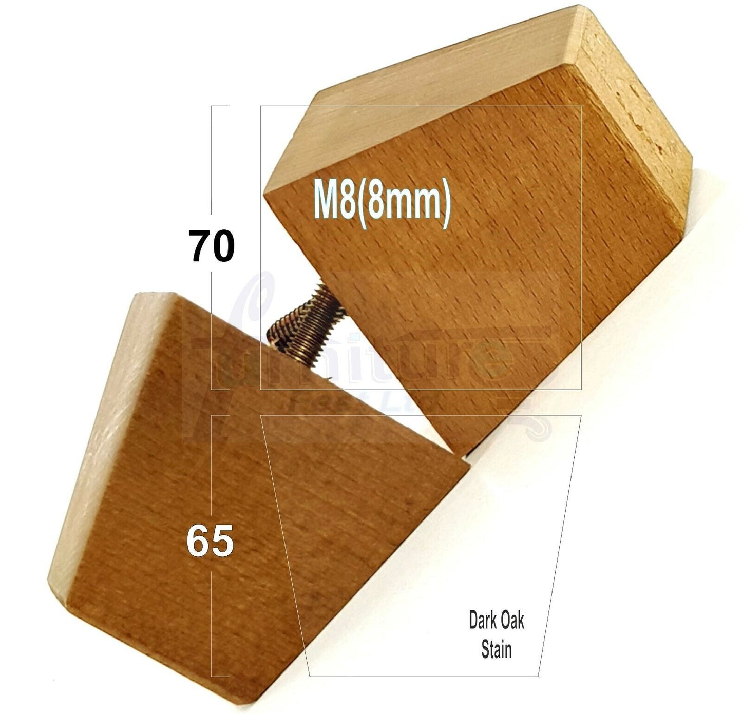 Set Of 4 Solid Wood Square Block Furniture Feet Replacement Legs 65mm High M8(8mm)