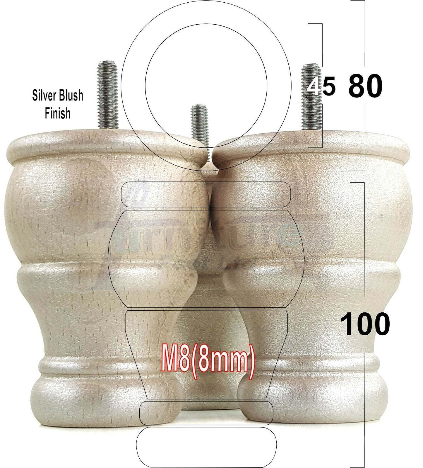 4 Turned Wood Furniture Chair Legs M8 Replacement Sofa Settee Chair Bed Feet 100mm High