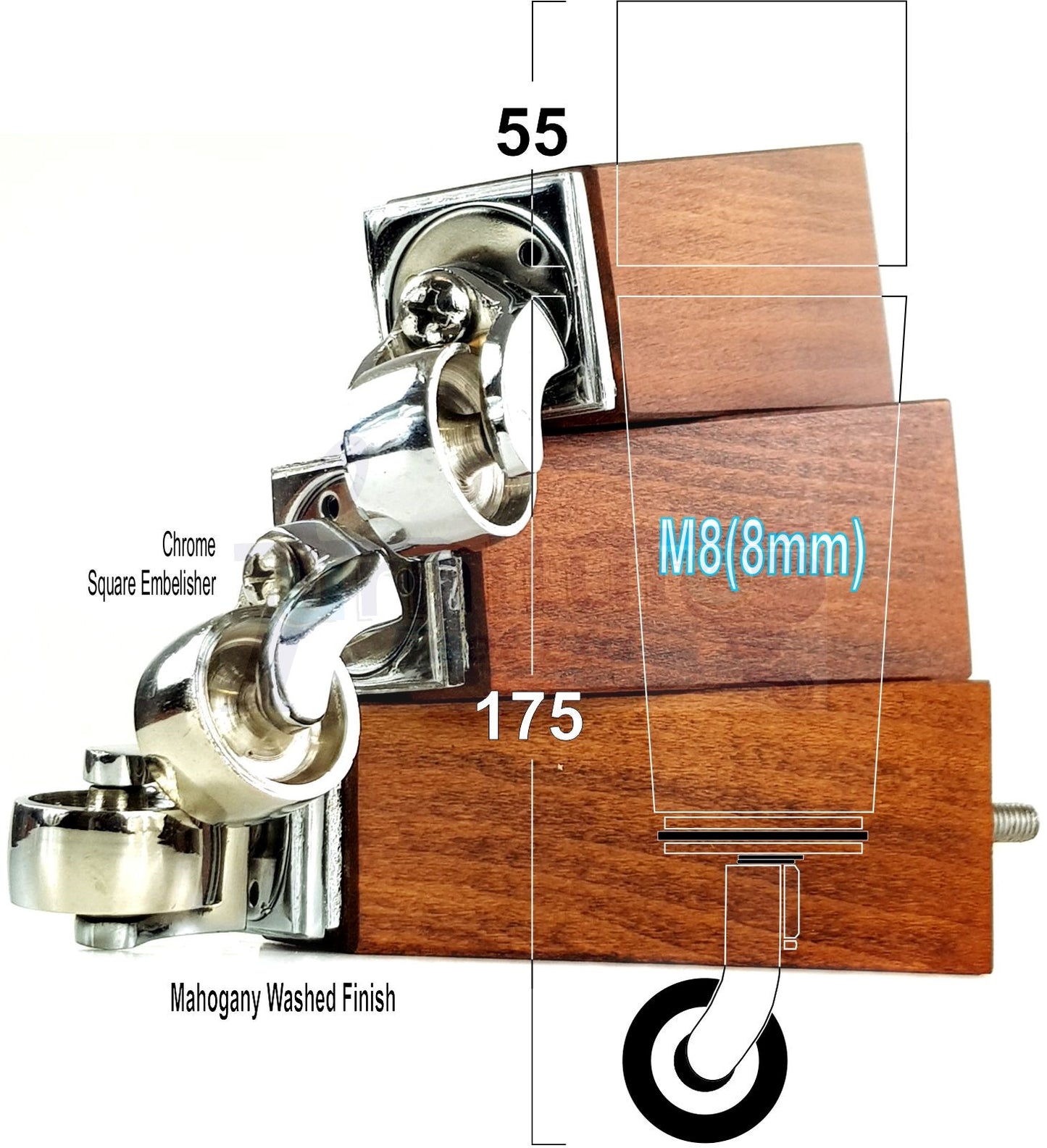 4x Solid Wood Furniture Legs Chair Sofa Bed Replacement Feet 175mm High With Chrome Castors 8mm Thread