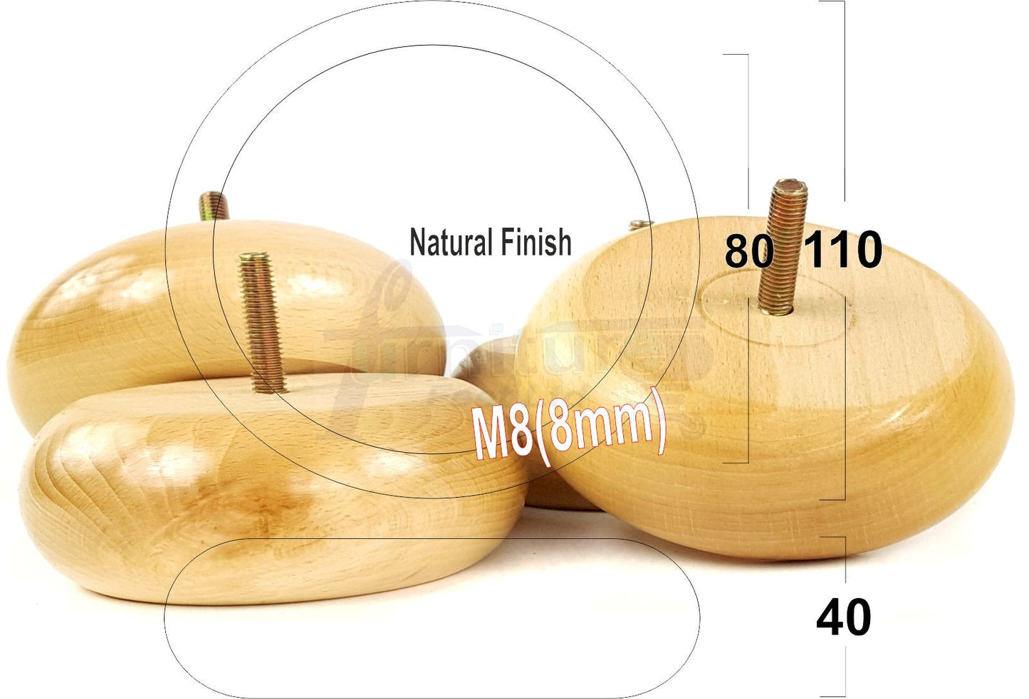 Set Of 4 Turned Wood Furniture Legs Chair Sofa Bed Replacement Bun Feet 40mm High