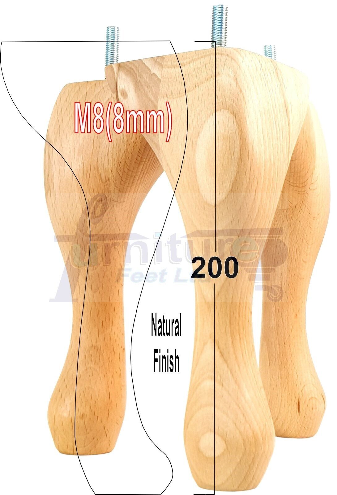 4 Solid Wood Furniture Feet 200mm High Vintage Queen Anne Replacement Legs M8 8 Inches