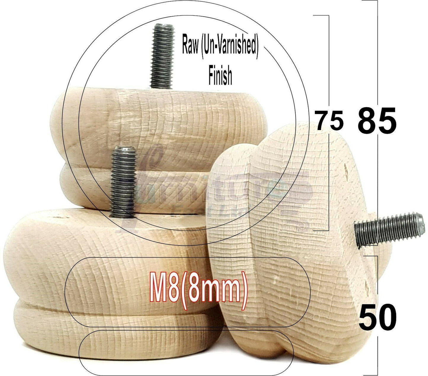 4 Turned Wood Furniture Legs Chair Sofa Bed M8 Replacement Bun Feet 50mm High