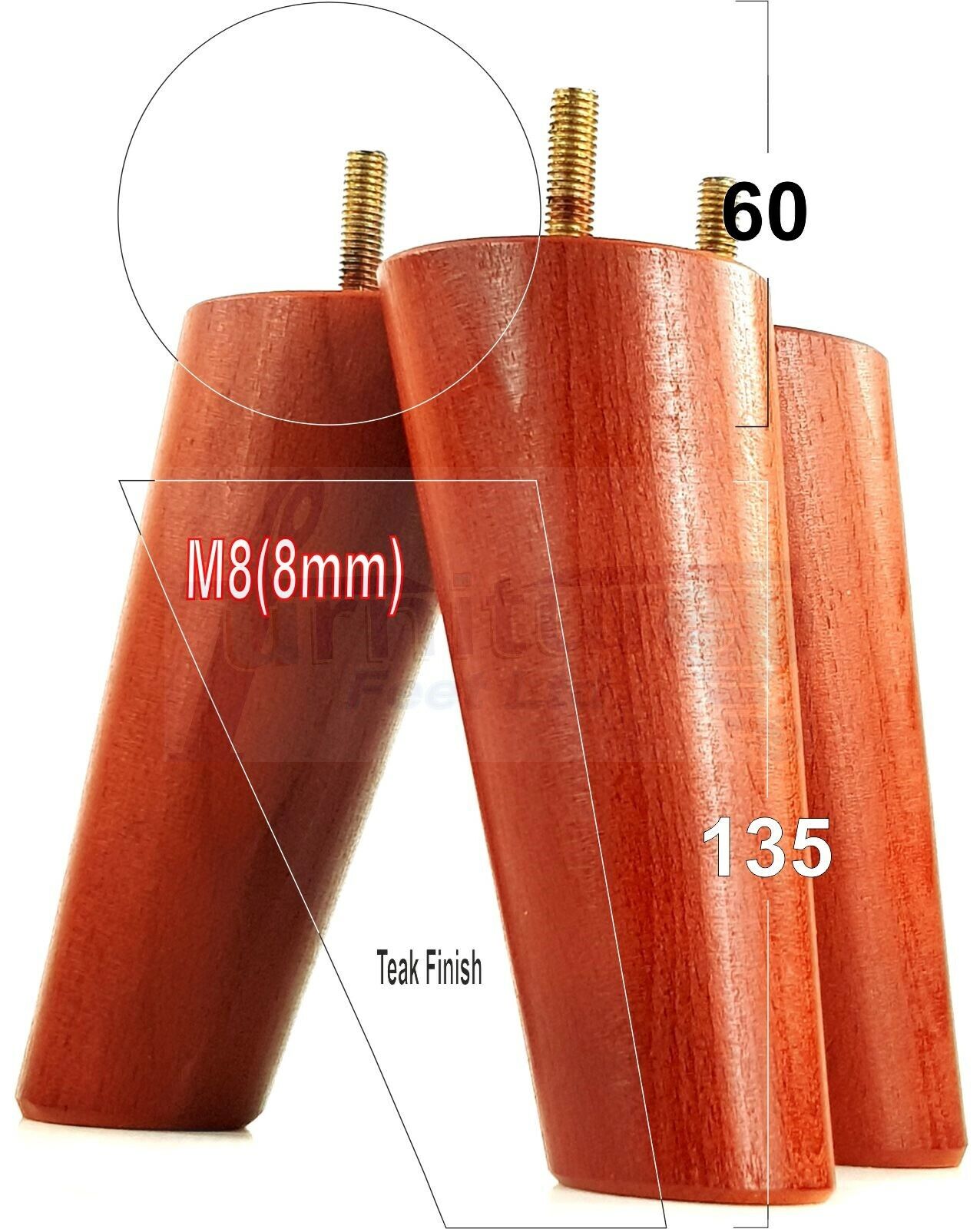 4 Solid Wood Turned Furniture Feet Replacement Mid Centry Angled Retro Legs 135mm High M8 Sofa Chairs Stools Cabinets Beds