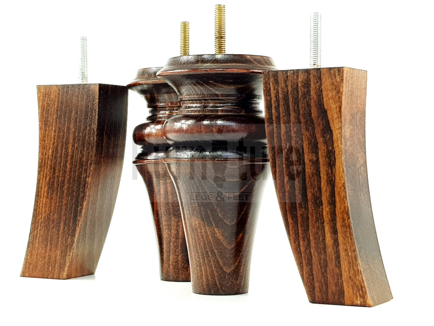 2x Turned & 2x Curved Back Wooden Feet Replacement Furniture Legs 150mm M8(8mm)