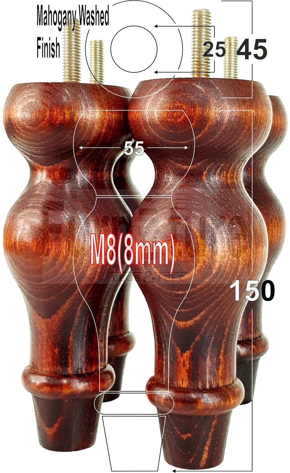 Set Of 4 Solid Wood Turned Furniture Feet Replacement Legs 150mm High 8mm Thread