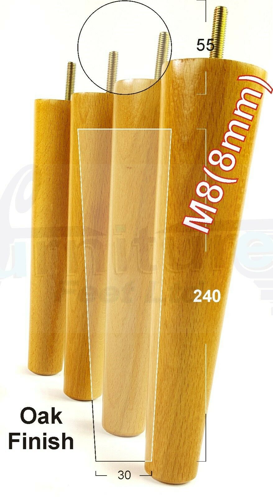 4 Retro Wood Replacement Furniture Chair Legs M8 Footstool Settee Sofa Feet 240mm High
