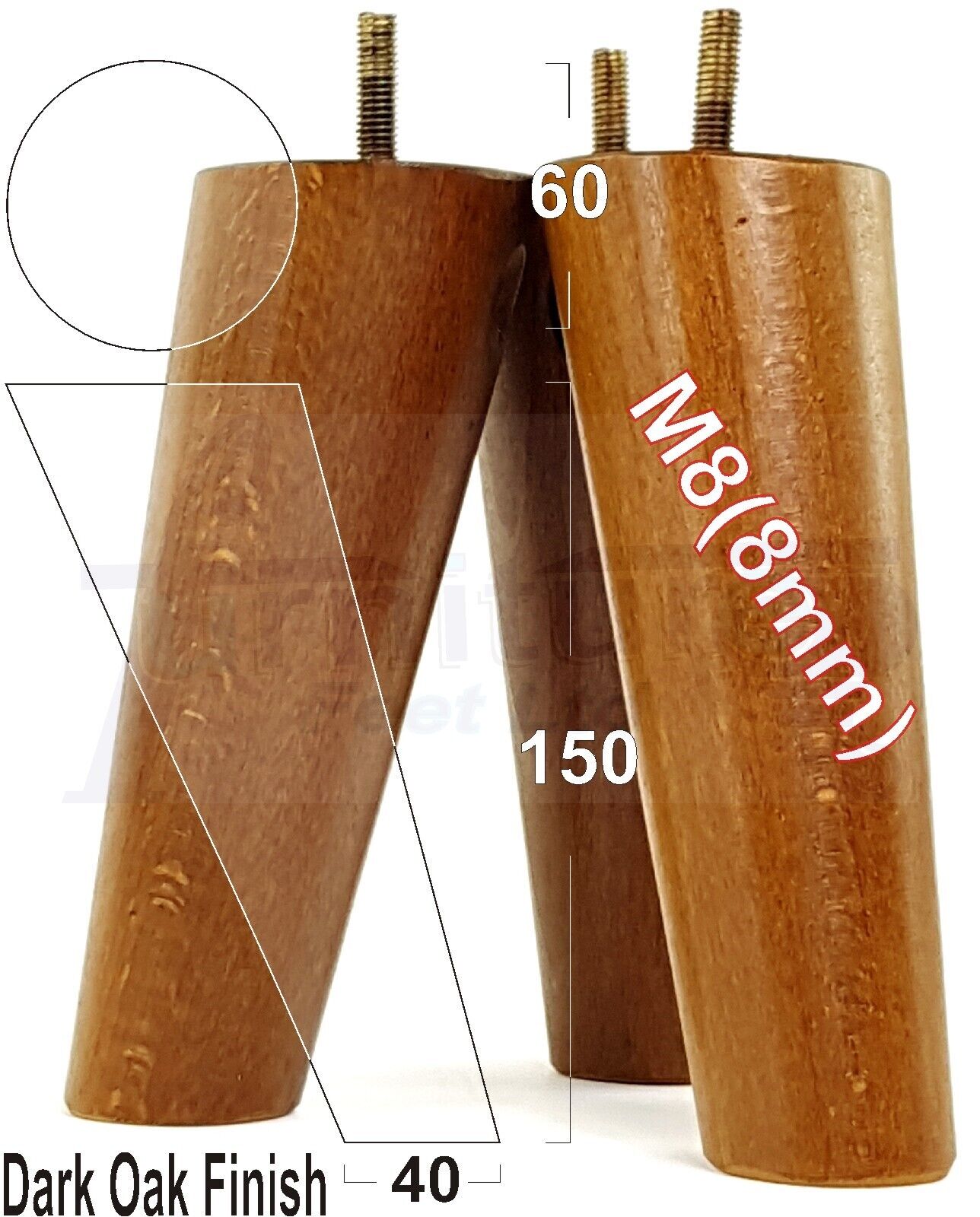 4 Solid Wood Turned Furniture Feet Replacement Mid Centry Angled Retro Legs 150mm High M8 Sofa Chairs Stools Cabinets Beds