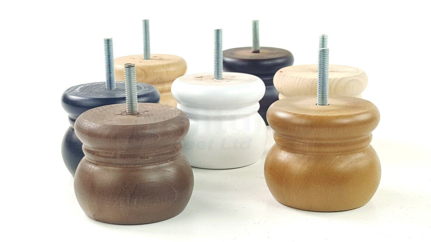 4 Wood Bun Feet Replacement Turned Furniture Legs 60mm High Multiple Colours 2 Inches Tall Chairs Stools Sofa Beds Cabinets M8