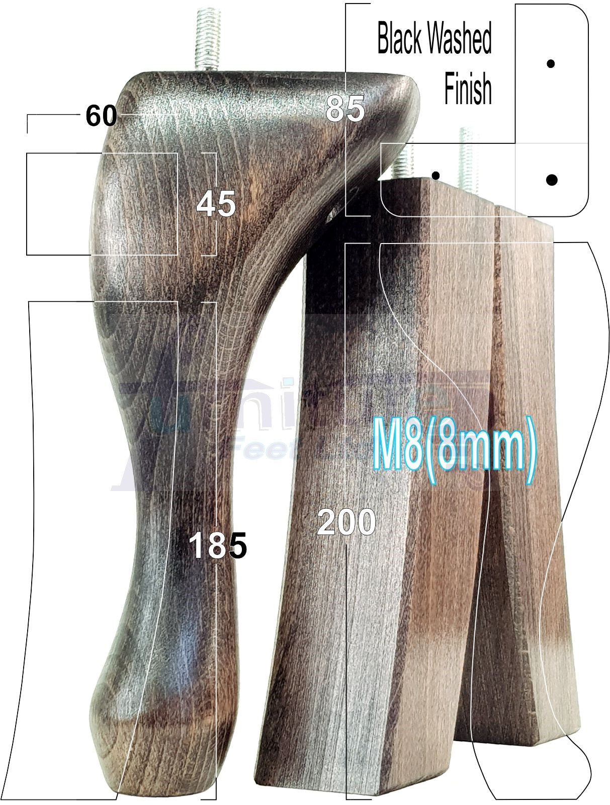 2x Vintage Queen Anne Replacement Furniture Legs & 2x Curved Back Feet 200mm High 8mm Thread