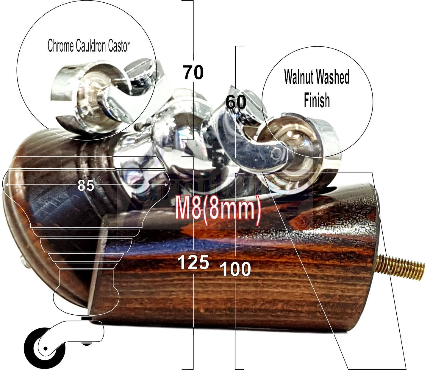 2 Dark Walnut Washed Wood Furniture Sofa Legs With Castor 125mm & 2 Angled Back Feet Chair Settee 100mm High M8