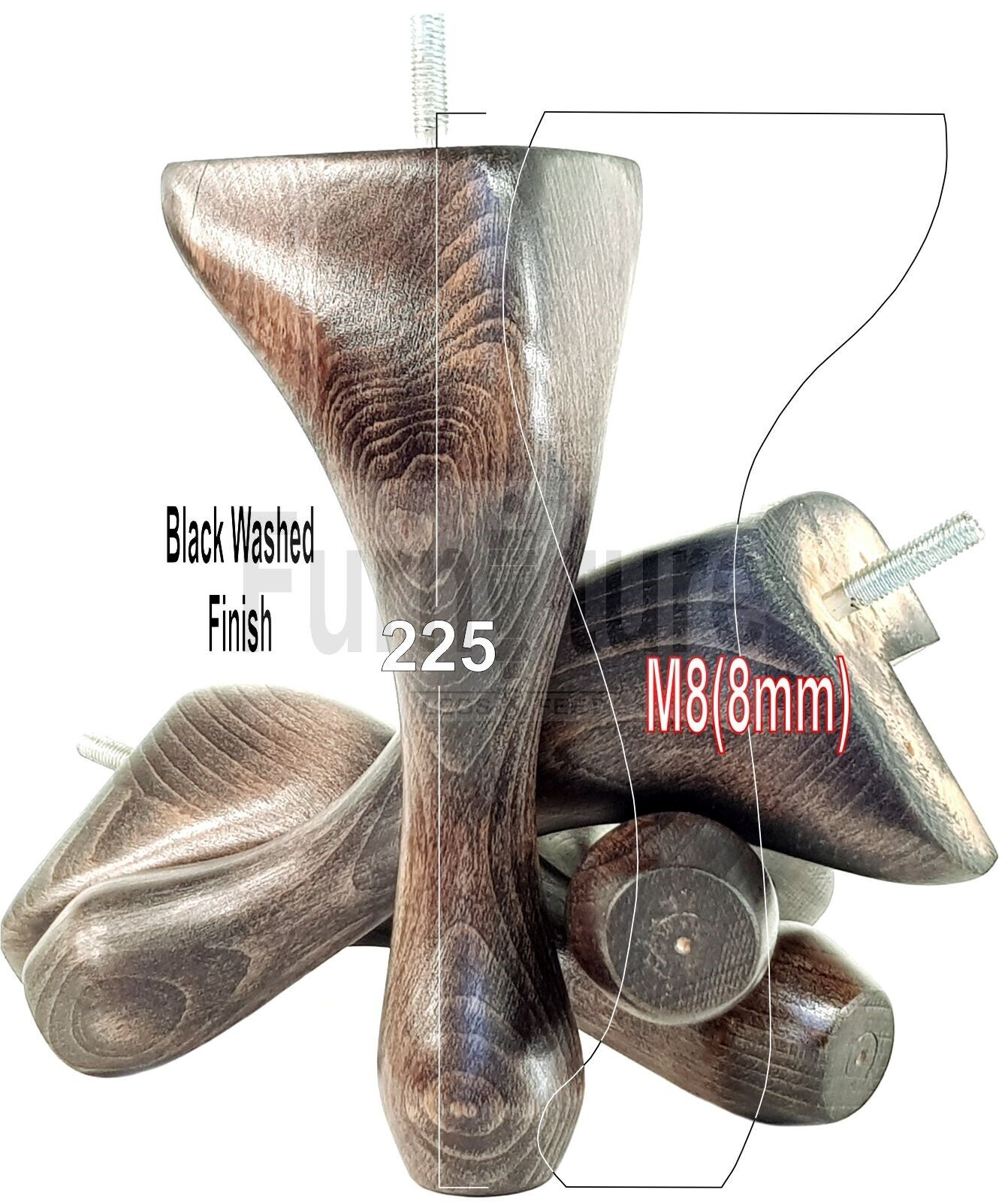 4x Solid Wood Furniture Feet 225mm High Vintage Queen Anne Replacement Legs M8 8 Inches