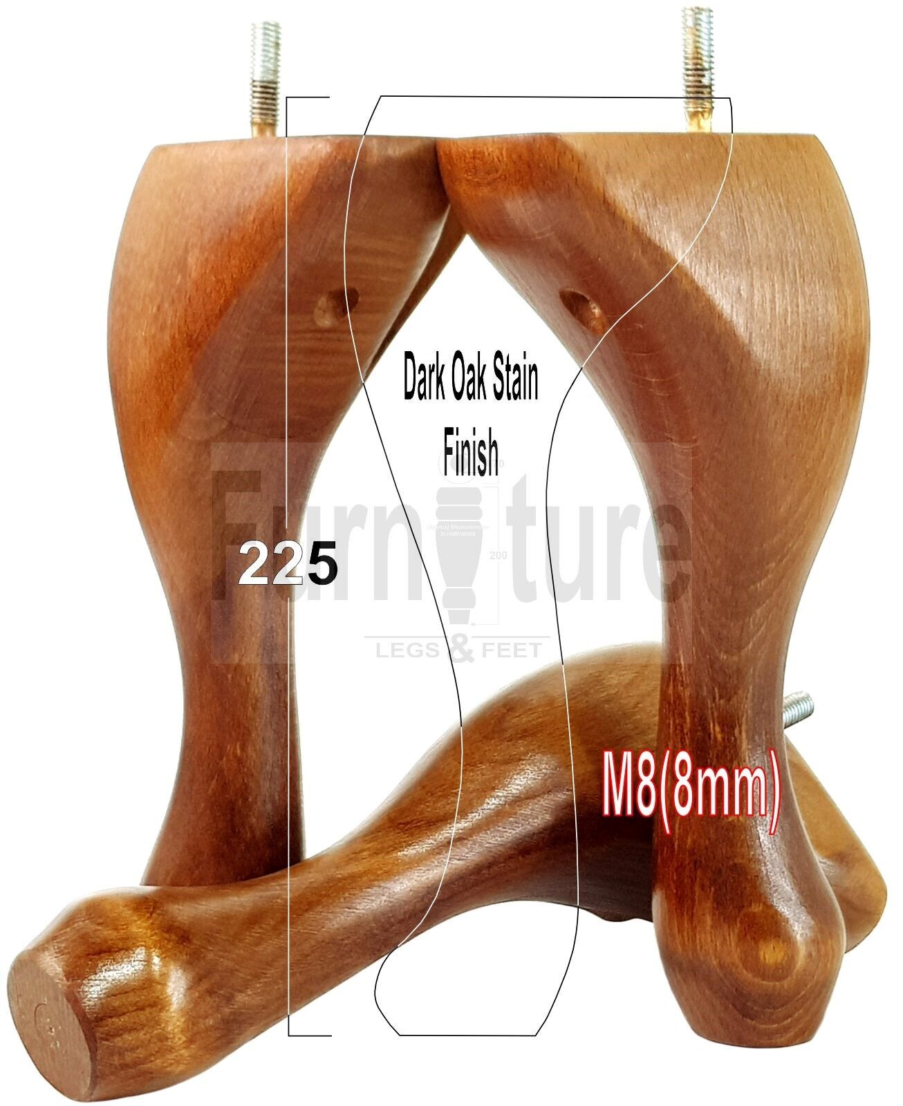4x Solid Wood Furniture Feet 225mm High Vintage Queen Anne Replacement Legs M8 8 Inches