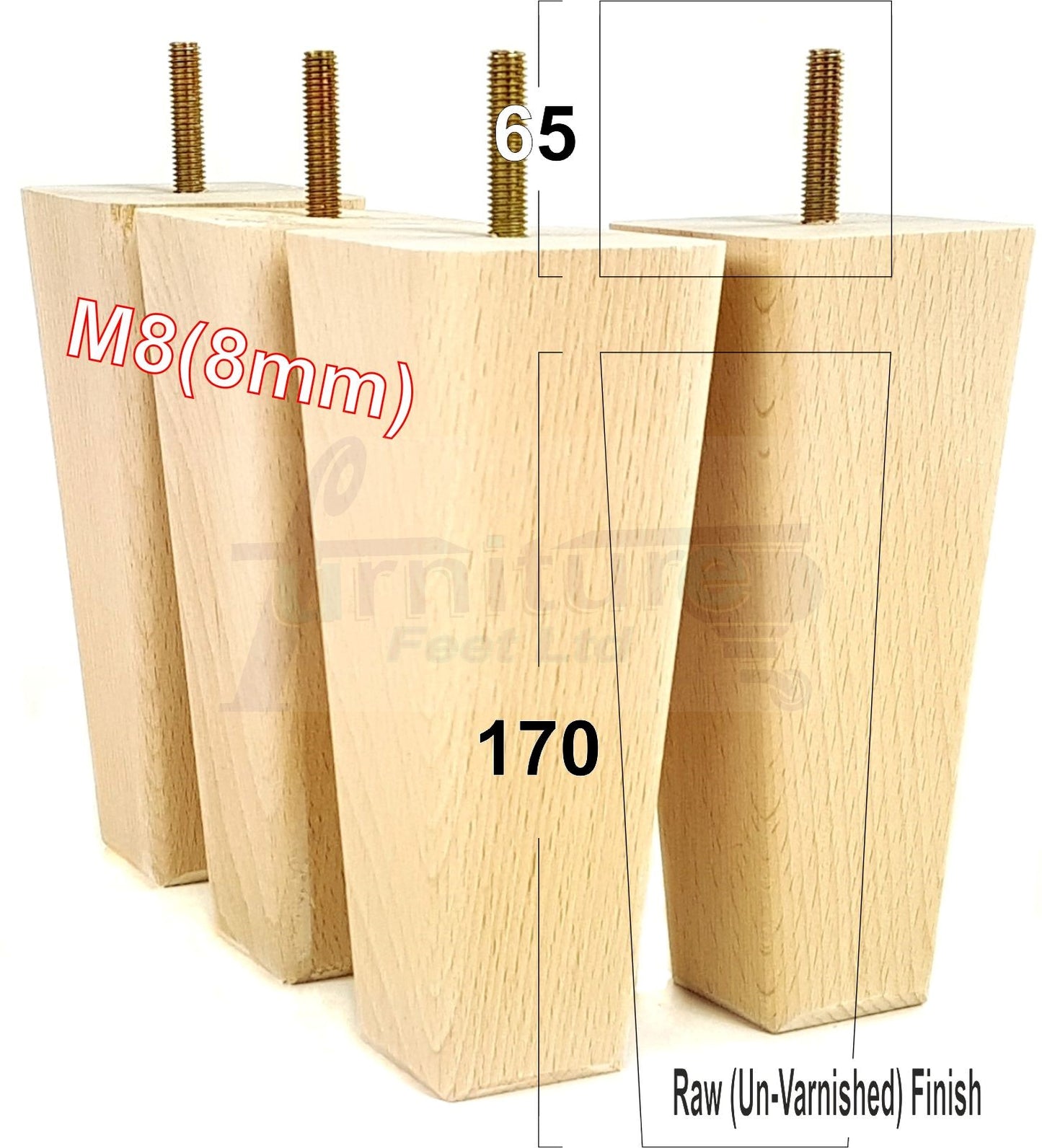 4x Wooden Furniture Legs 170mm High Replacement Square Tapered Feet 8mm