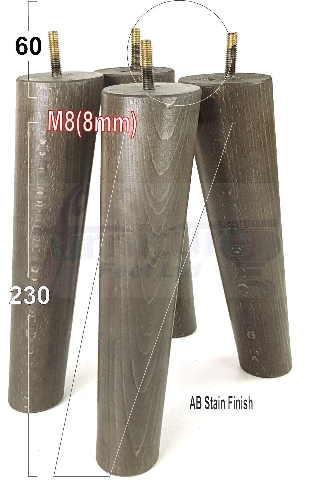4 Solid Wood Turned Furniture Feet Replacement Mid Centry Angled Retro Legs 230mm High M8 Sofa Chairs Stools Cabinets Beds
