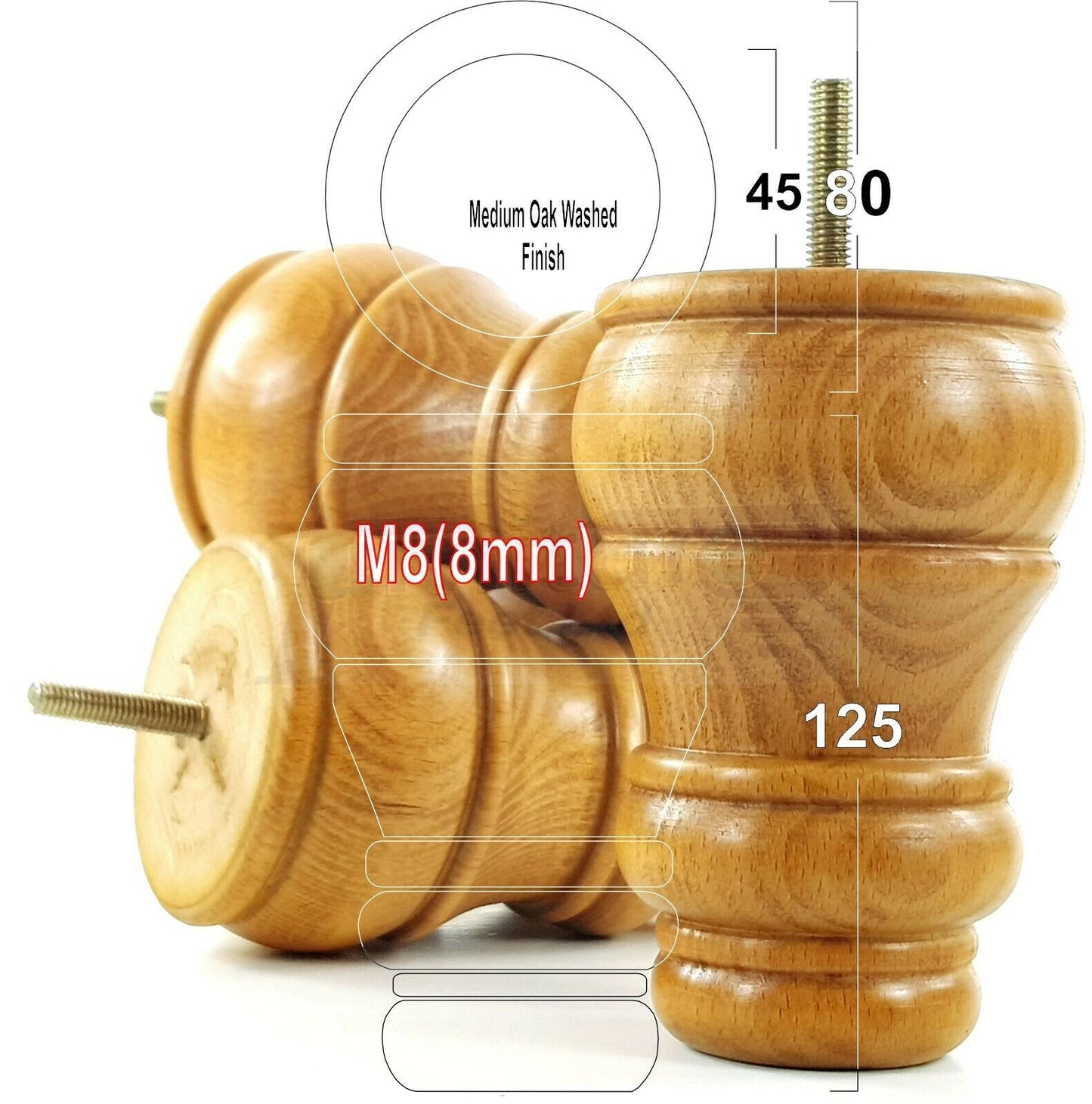 4 Turned Wood Furniture Chair Legs M8 Replacement Sofa Settee Feet 125mm High