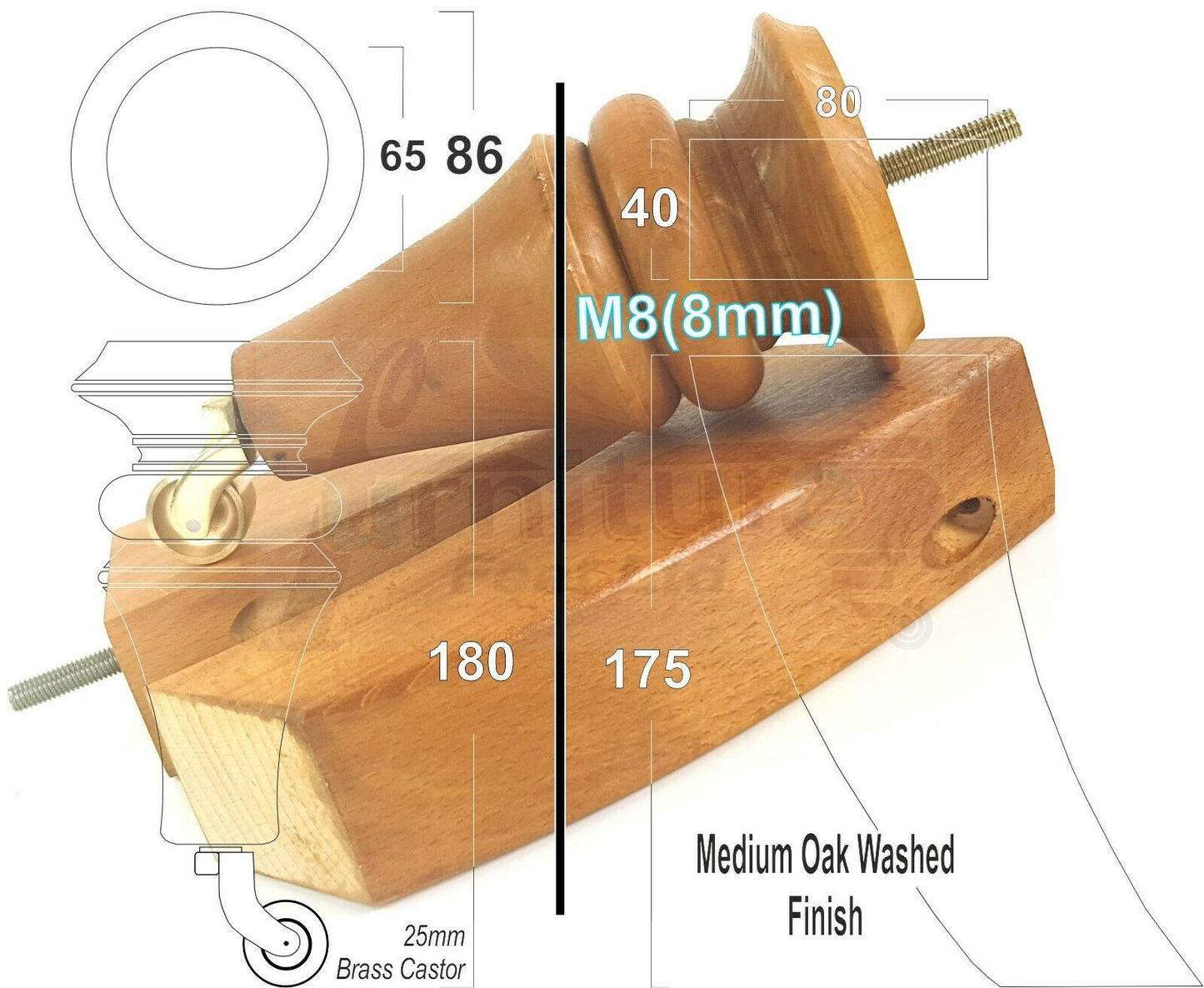 2x Turned & 2x Curved Back Wooden Feet Replacement Furniture Legs 180mm M8(8mm)