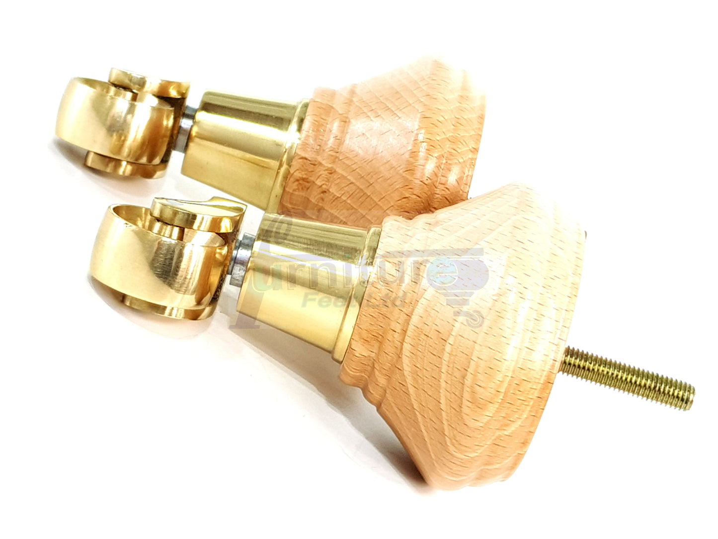 4x Natural Wooden Furniture Sofa Legs M8 With Brass Castors Replacment Chair Settee Feet 115mm - 125mm High