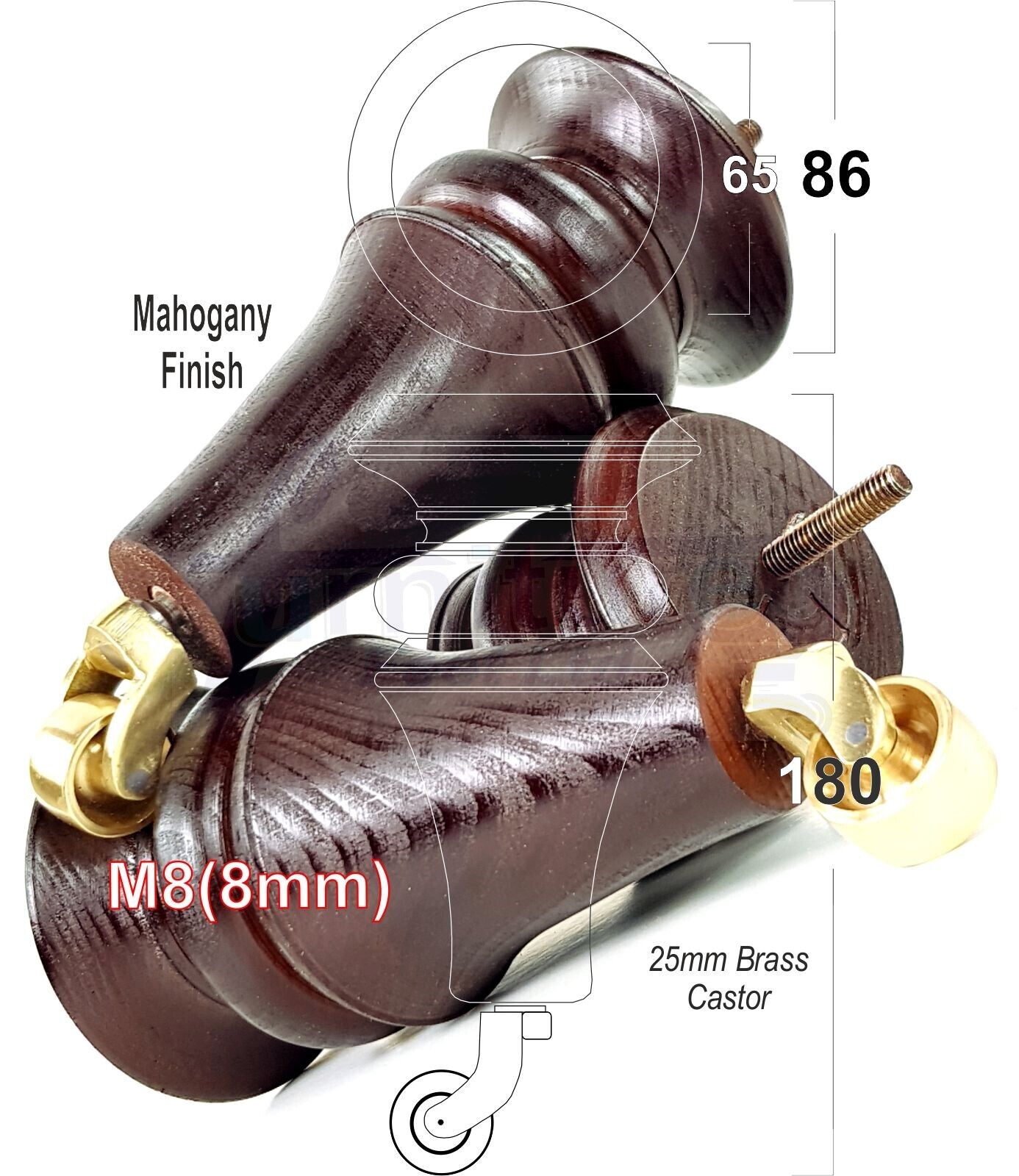 4x Turned Furniture Legs With Brass Castors 180mm High M8(8mm) Replacement Feet