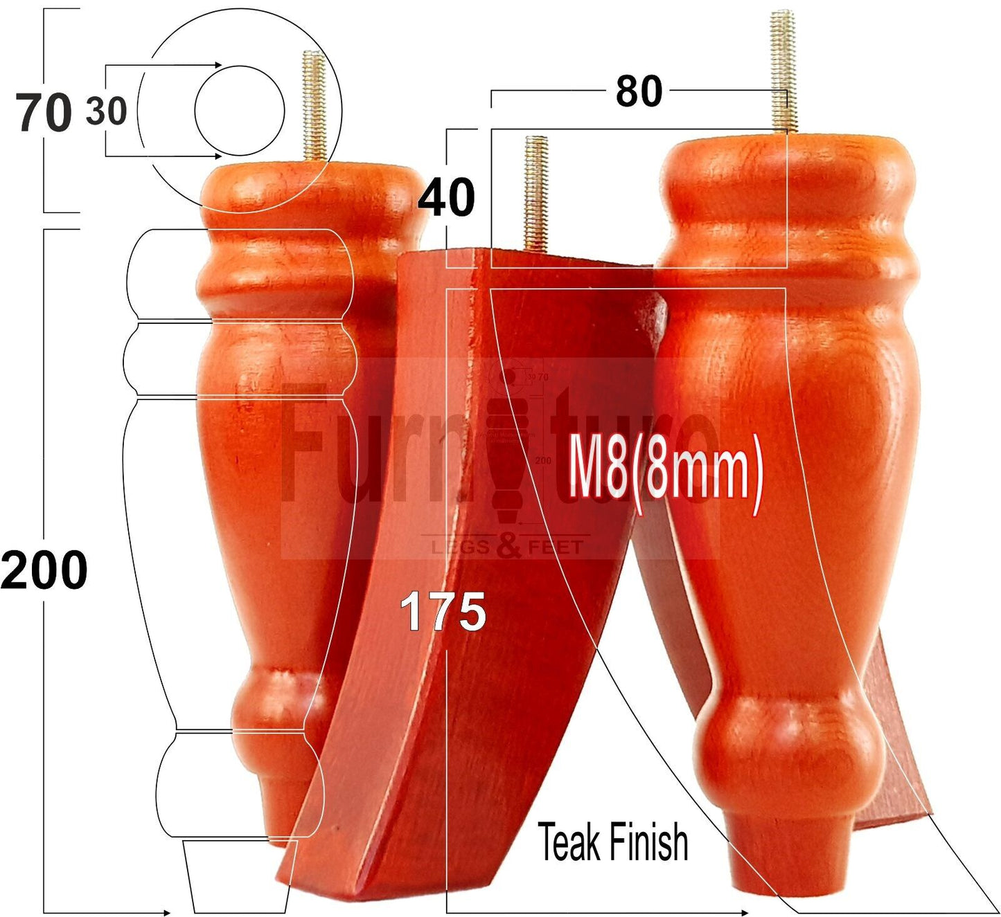 2 Turned Furniture Feet Replacement Sofa Legs 200mm & 2 Curved Back Legs 185mm for Chairs Sofa Settee Cabinets M8