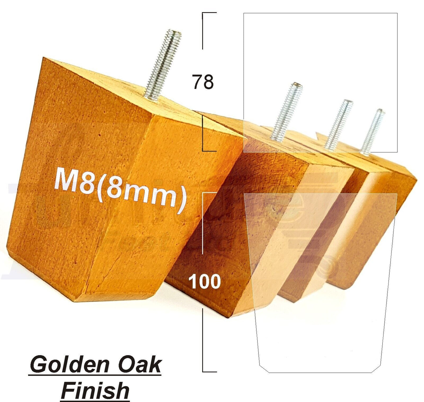 Set Of 4 Square Block Solid Wood Furniture Feet Replacement Legs 100mm High M8(8mm)